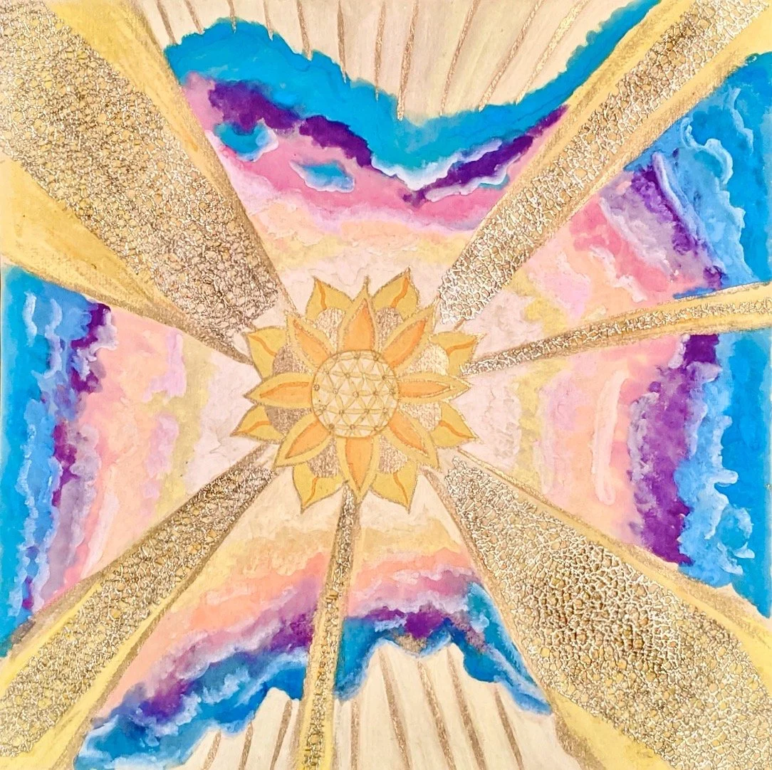 A vibrant, colorful abstract artwork featuring a central flower motif with twelve petals, surrounded by golden textured rays and cloud-like formations in shades of blue, pink, purple, and gold.