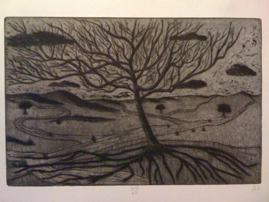 A silhouette of a leafless tree with roots extending downward, set against a landscape with hills and clouds.