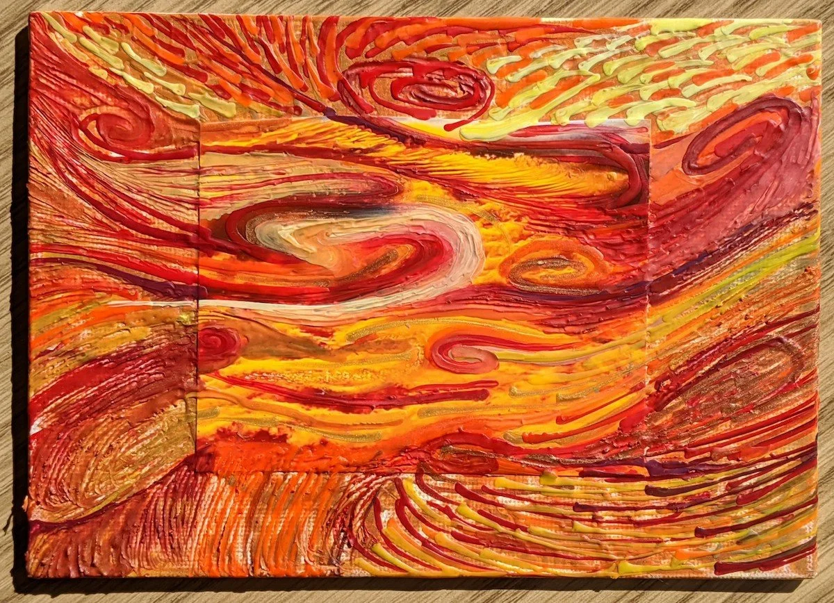Abstract painting with swirling lines and bold strokes in shades of red, orange, yellow, and hints of purple.