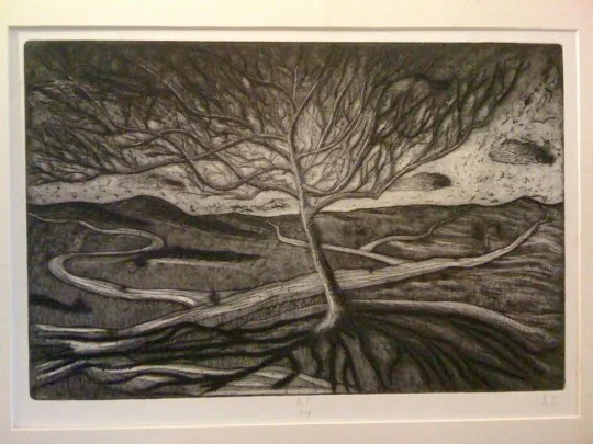 A black and white drawing of a large tree with sprawling roots and branches, set against a landscape background.