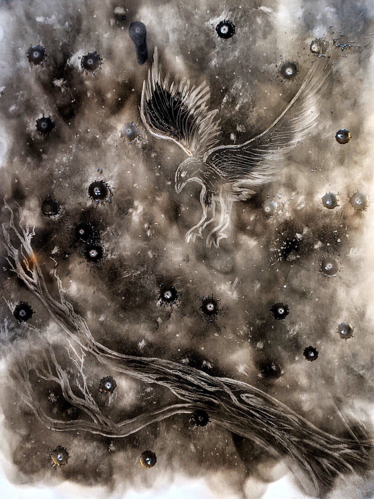 Ink drawing of a bird of prey, possibly an eagle, soaring among abstract dark clouds and star-like dots, with a twisted branch at the bottom left.