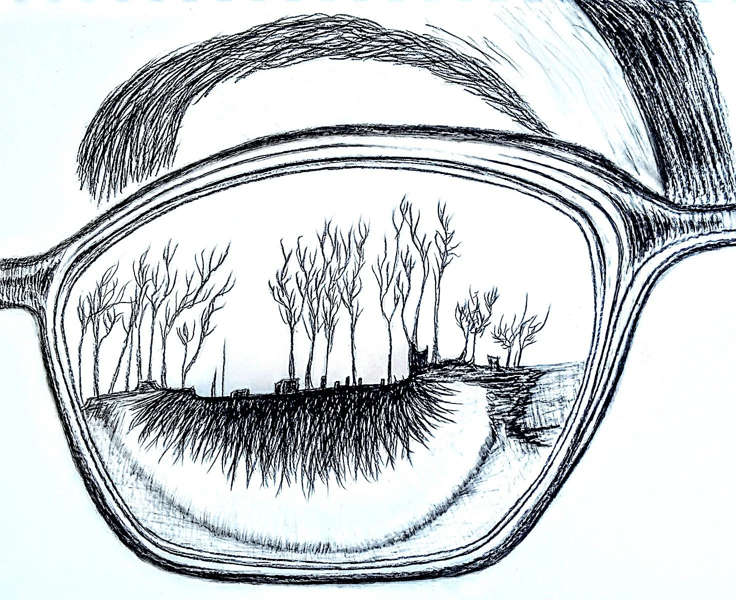 A black and white sketch of trees viewed through the lenses of a pair of eyeglasses.