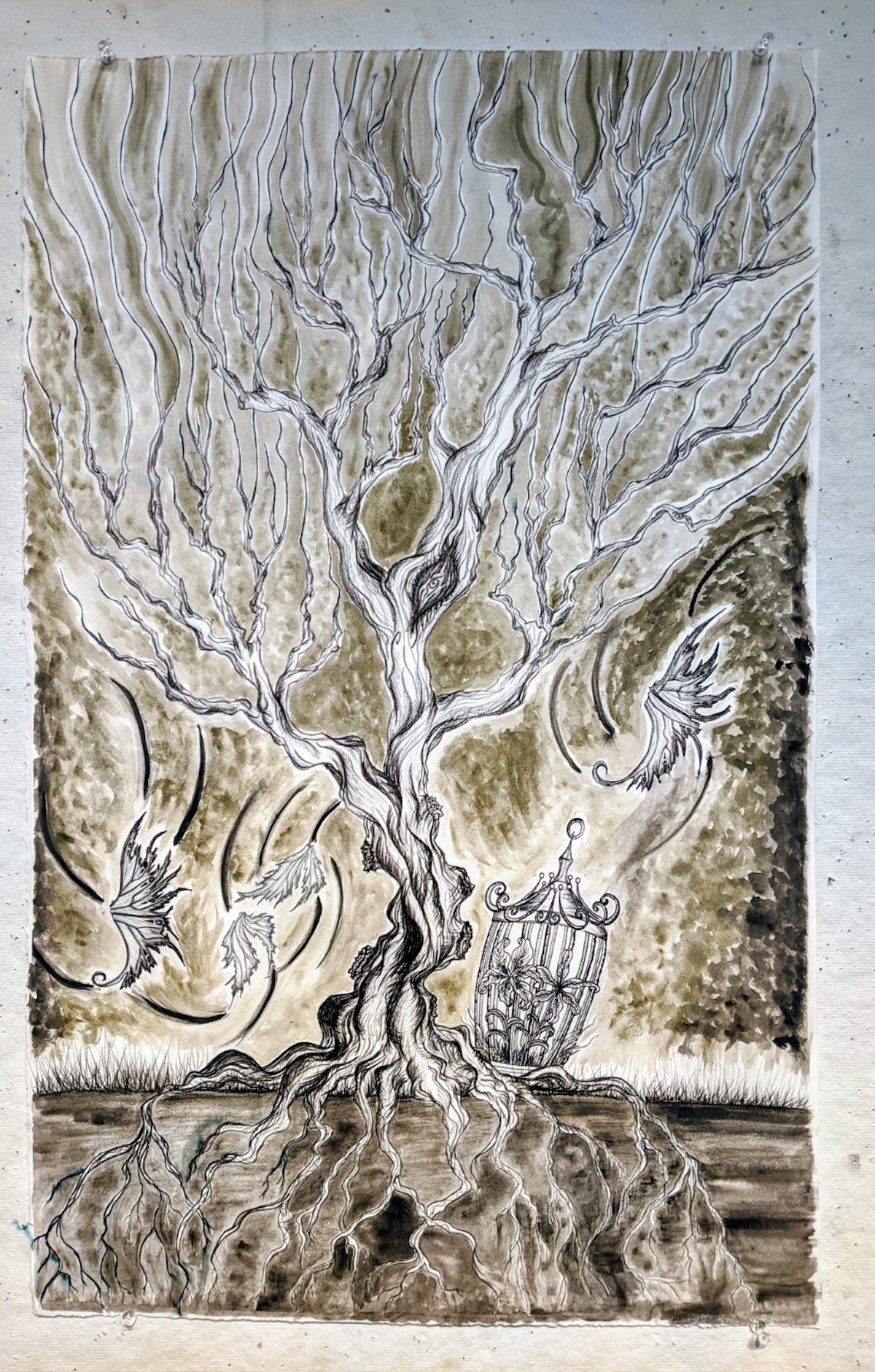 A detailed ink and watercolor illustration of a leafless, twisted tree with sprawling roots. There are four flying birds around the tree and a vintage birdcage hanging from one of its branches, containing a small plant. The background features a text