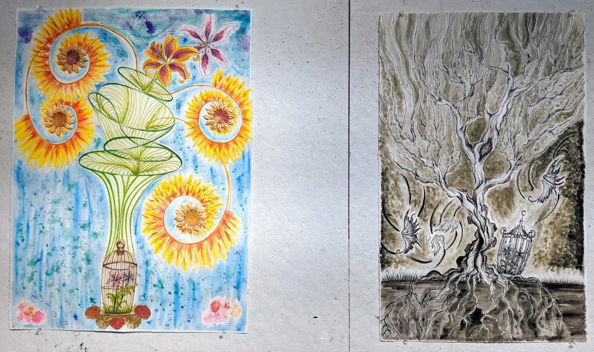 Two artworks on a wall; the left artwork features a colorful abstract vase with yellow sunflowers and purple lilies, with a blue splattered background, and a birdcage at the bottom; the right artwork is a black and white detailed drawing of a large, 