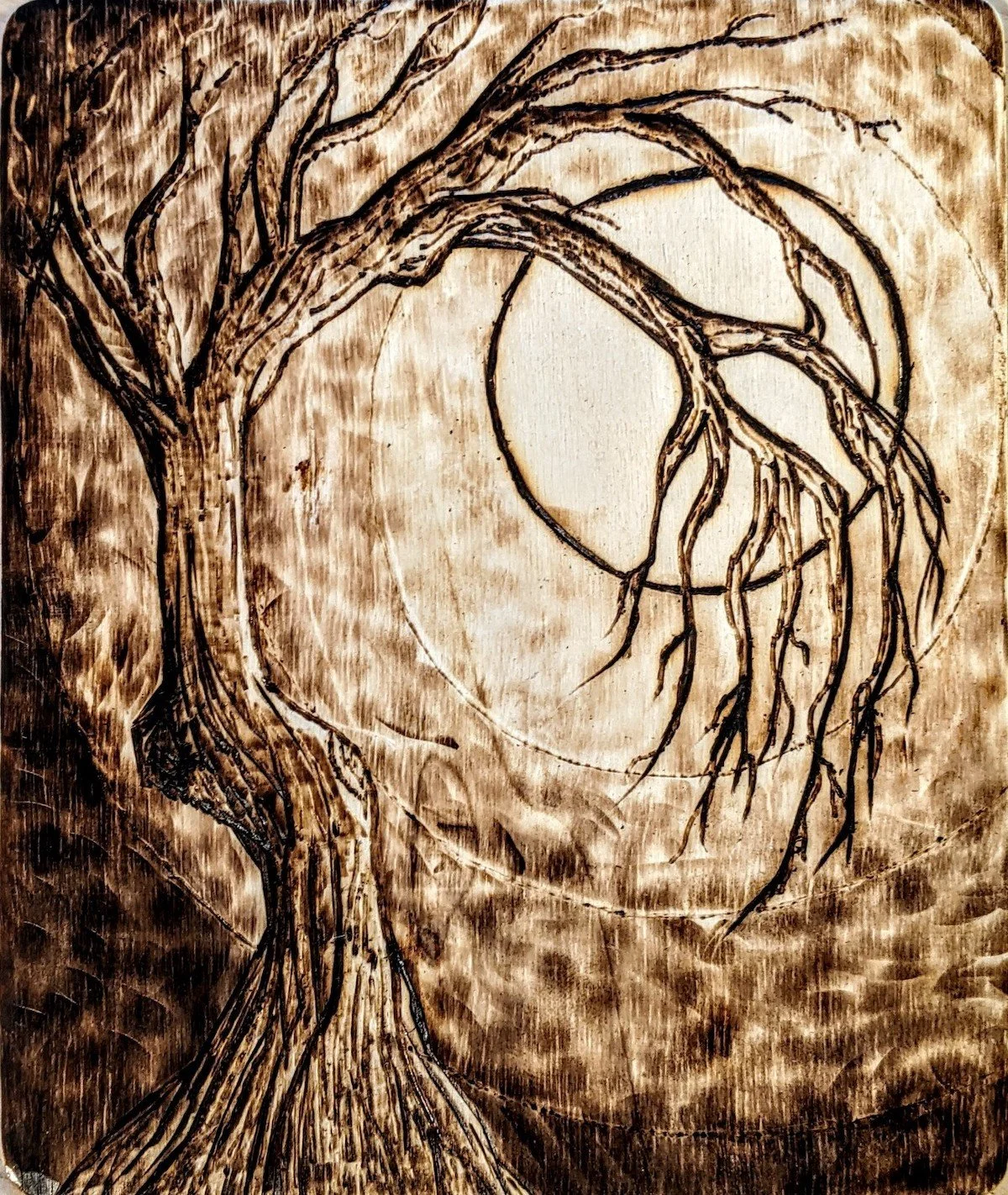 Tree with roots forming a spiral shape around a full moon.