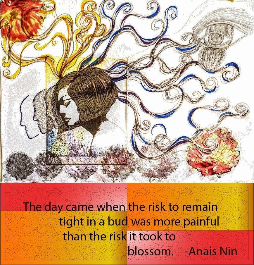 A drawing of a woman's face with long flowing hair, surrounded by abstract shapes and patterns, including leaves and an eye, with a quote at the bottom