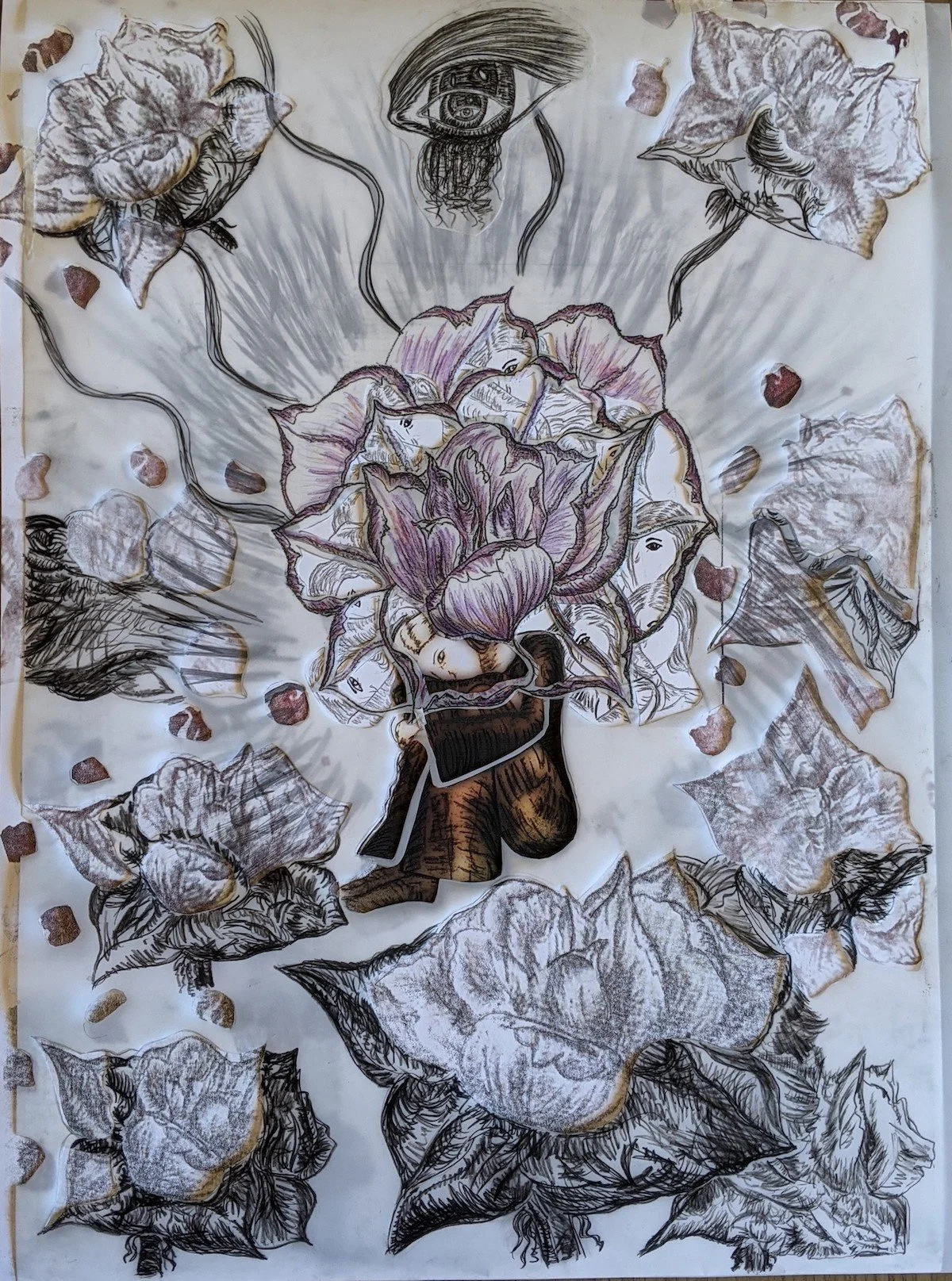 A mixed media artwork featuring a hand holding a bouquet of large detailed flowers with purple and pink hues, surrounded by additional flowers and leaves, some drawn with ink and others with textured paper cutouts, and an eye with a tear at the top c