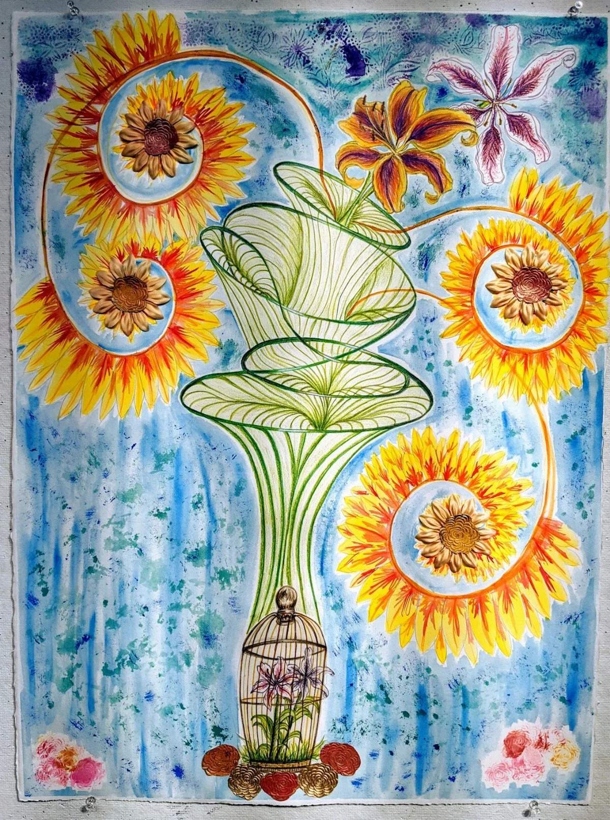 Colorful painting of sunflowers, lilies, and other flowers arranged in a vase, with a birdcage containing flowers at the base, set against a blue textured background.