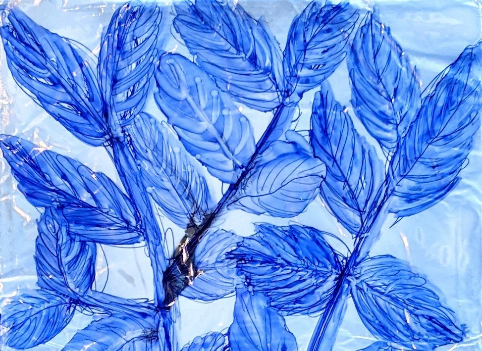 Blue abstract artwork of leaves.