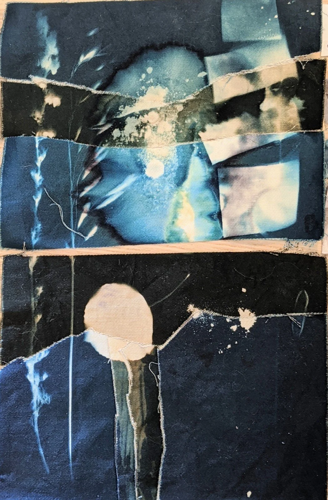 Collage of torn, layered images of a moonlit night sky with clouds and abstract watercolor-like shapes, featuring a white moon in the bottom layer.