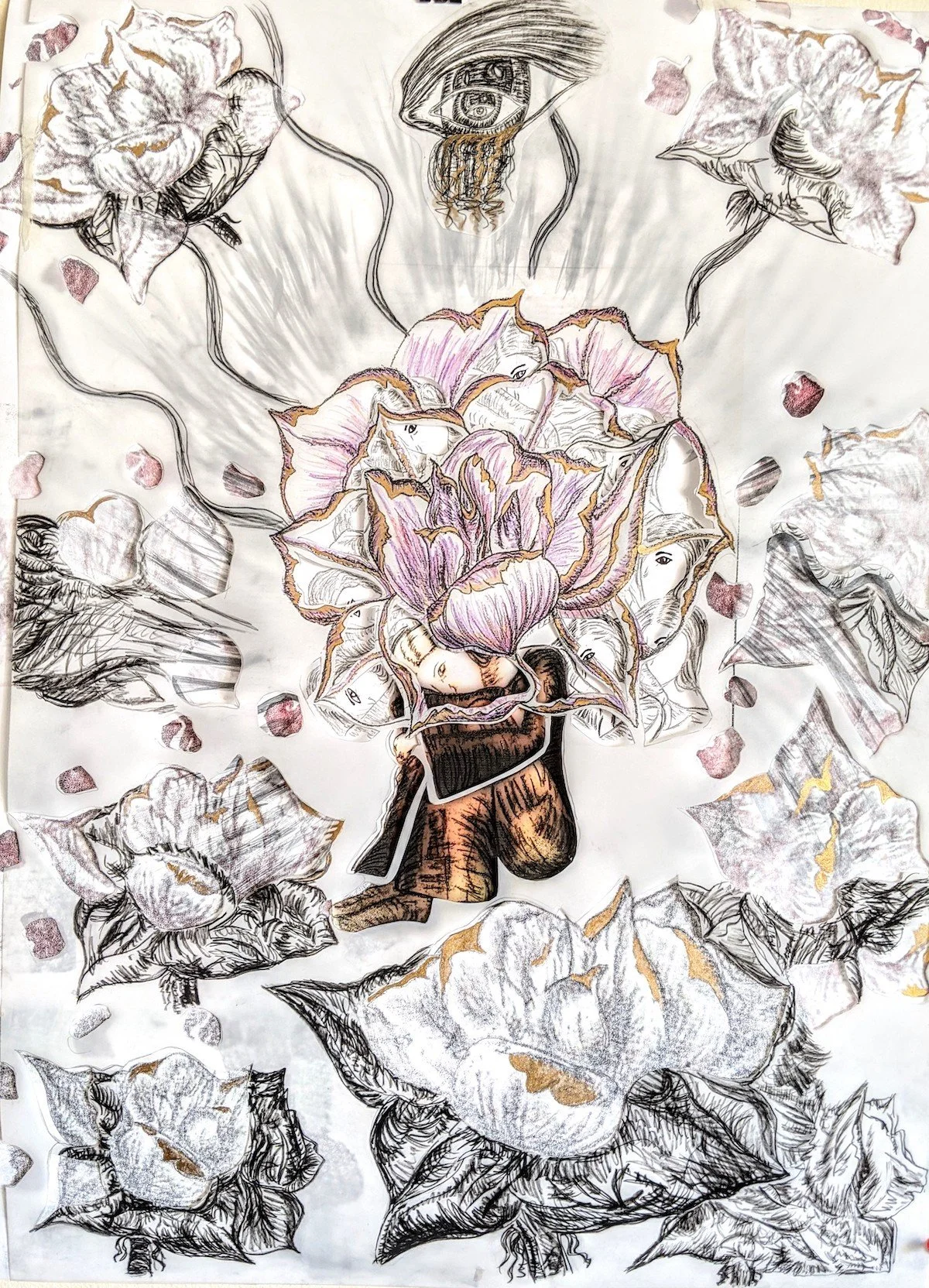 A mixed media artwork featuring a large flower with faces inside its petals, surrounded by other flowers and leaves, with an eye and abstract design at the top.