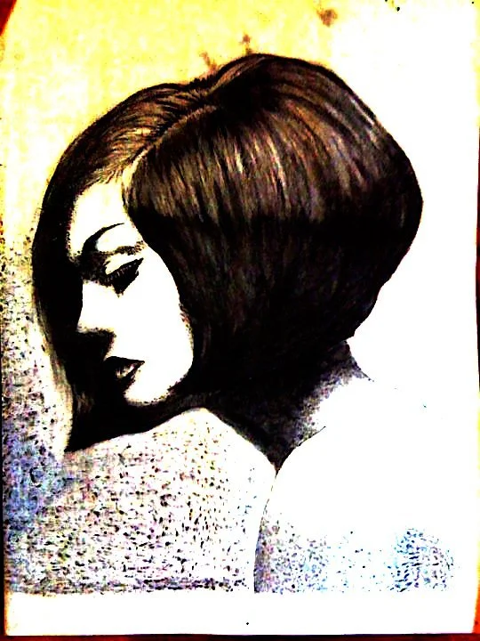 Black and white photo of a woman with short haircut, her head tilted downward, with closed eyes and makeup.