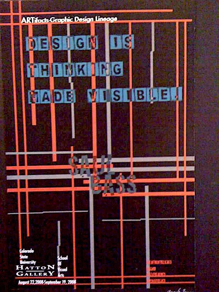 Colorful graphic design artwork with orange, white, and black lines and text. The text reads, 'ARTifacts Graphic Design Linage' and 'DESIGN IS THINKING MADE VISIBLE!'. Additional text includes 'Colorado State University', 'Hatton Gallery', and event 