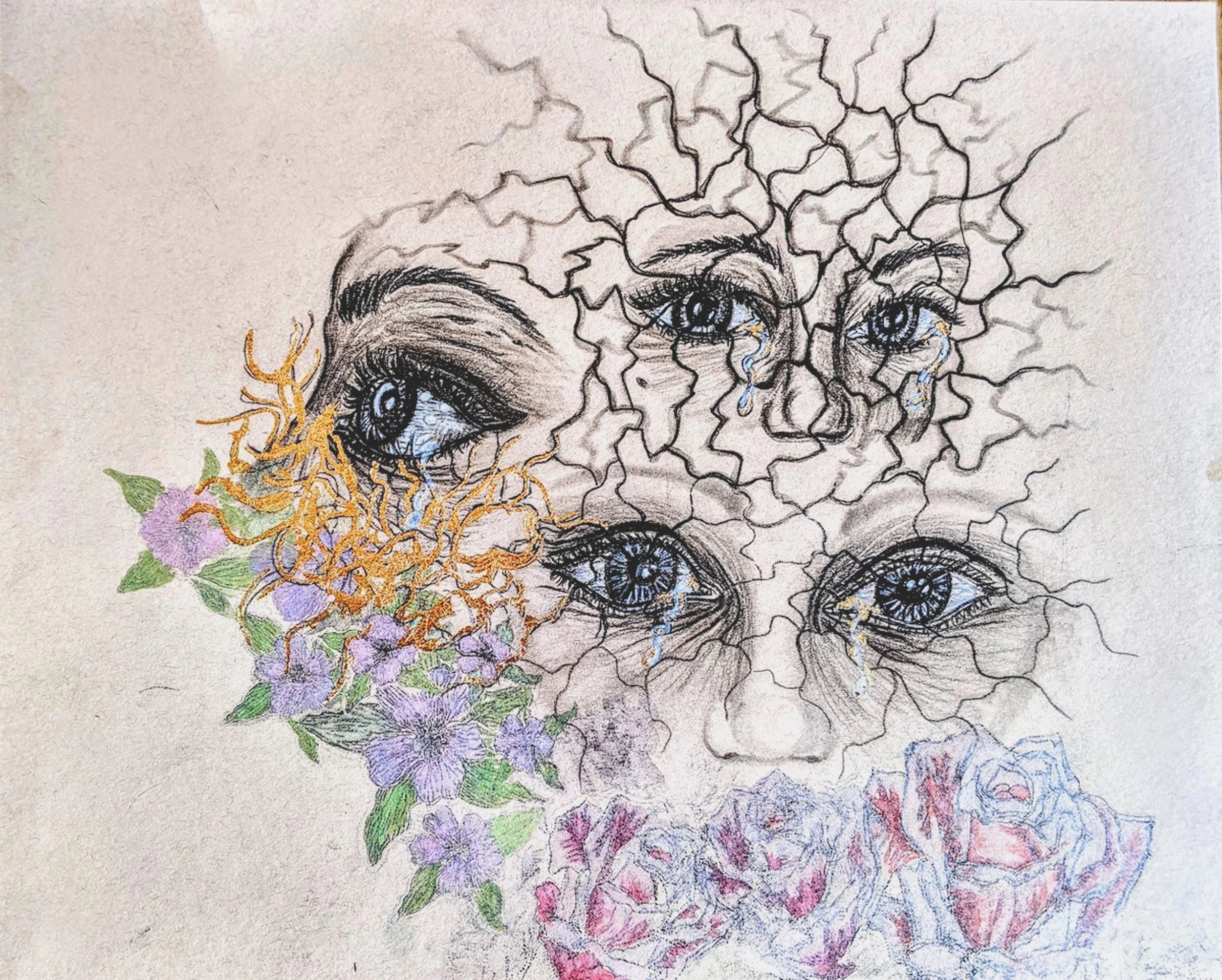A mixed media drawing featuring multiple expressive eyes with tears, floral elements, and abstract crack-like lines connecting the faces, blending realism and abstract art.
