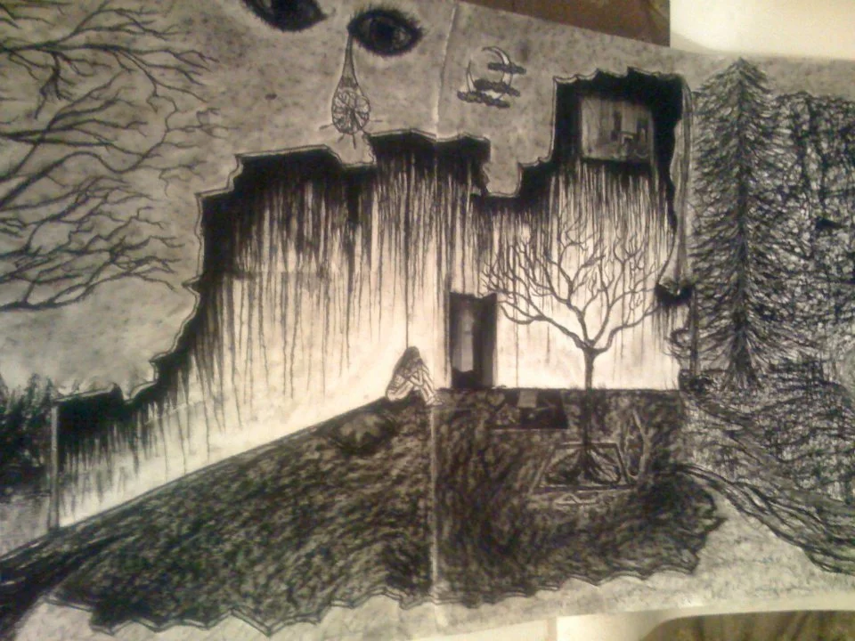 Hand-drawn black and white sketch of an outdoor scene with trees, a person sitting on the ground, and a swing set. There is a large tree with no leaves, a pine tree, and a doorway in a wall with hanging moss or vines.