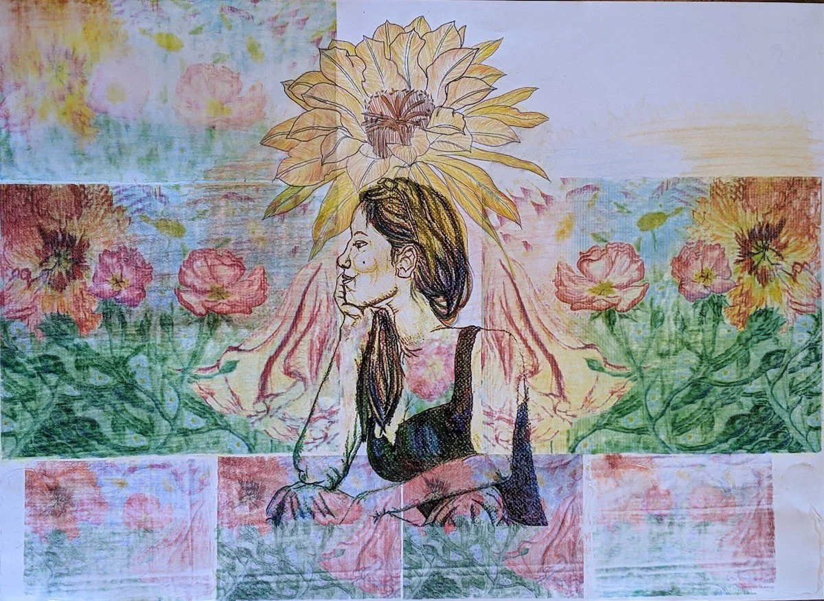 A mixed media artwork featuring a portrait of a woman sitting with her hand resting on her chin, surrounded by colorful flowers and a large sunflower above her head.