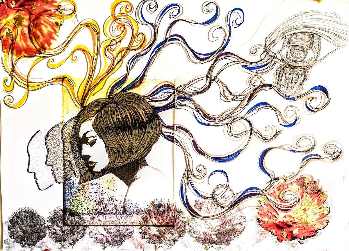 A mixed media artwork featuring a woman with shoulder-length hair, flowers, an eye, and swirling lines in various colors and styles.