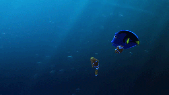 A GIF of Two fish swimming in deep blue ocean water from Dory 
