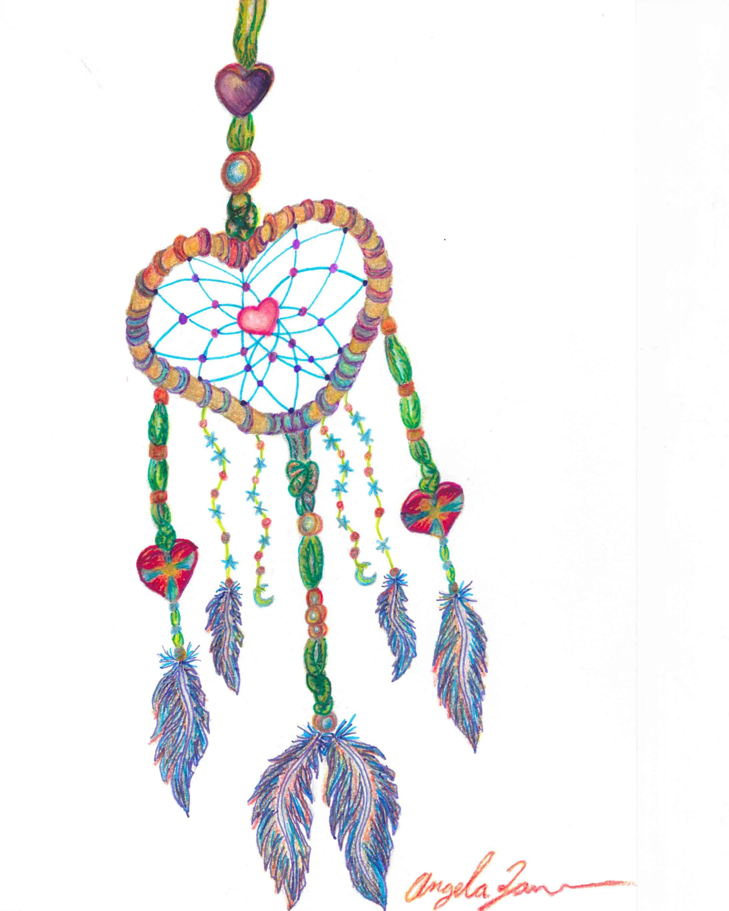 Colorful drawing of a dreamcatcher with hearts, feathers, and beads.