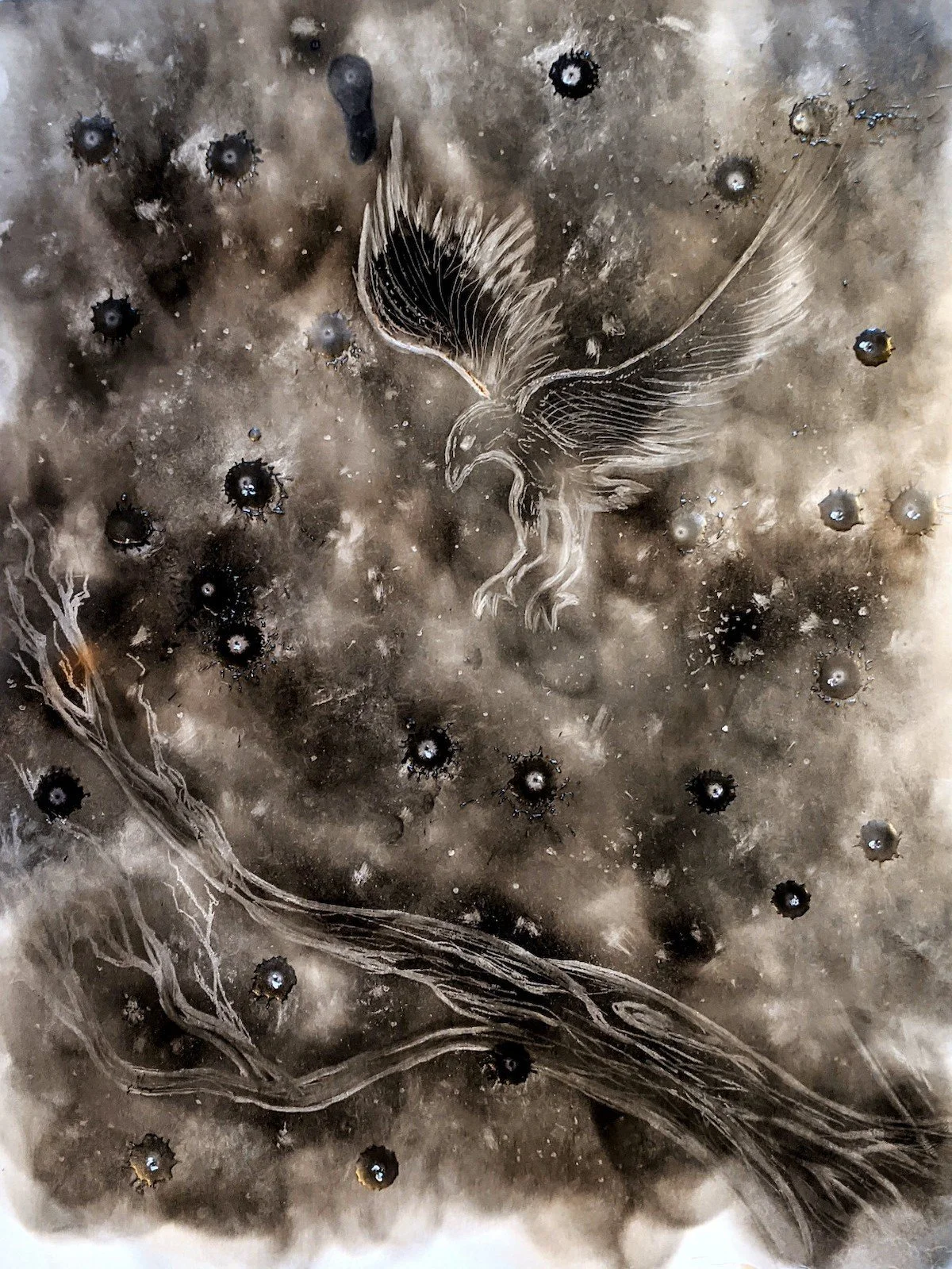 A detailed drawing of a bird of prey, likely a hawk or eagle, soaring with wings spread and talons extended, against a dark, abstract background with circular and textured elements.