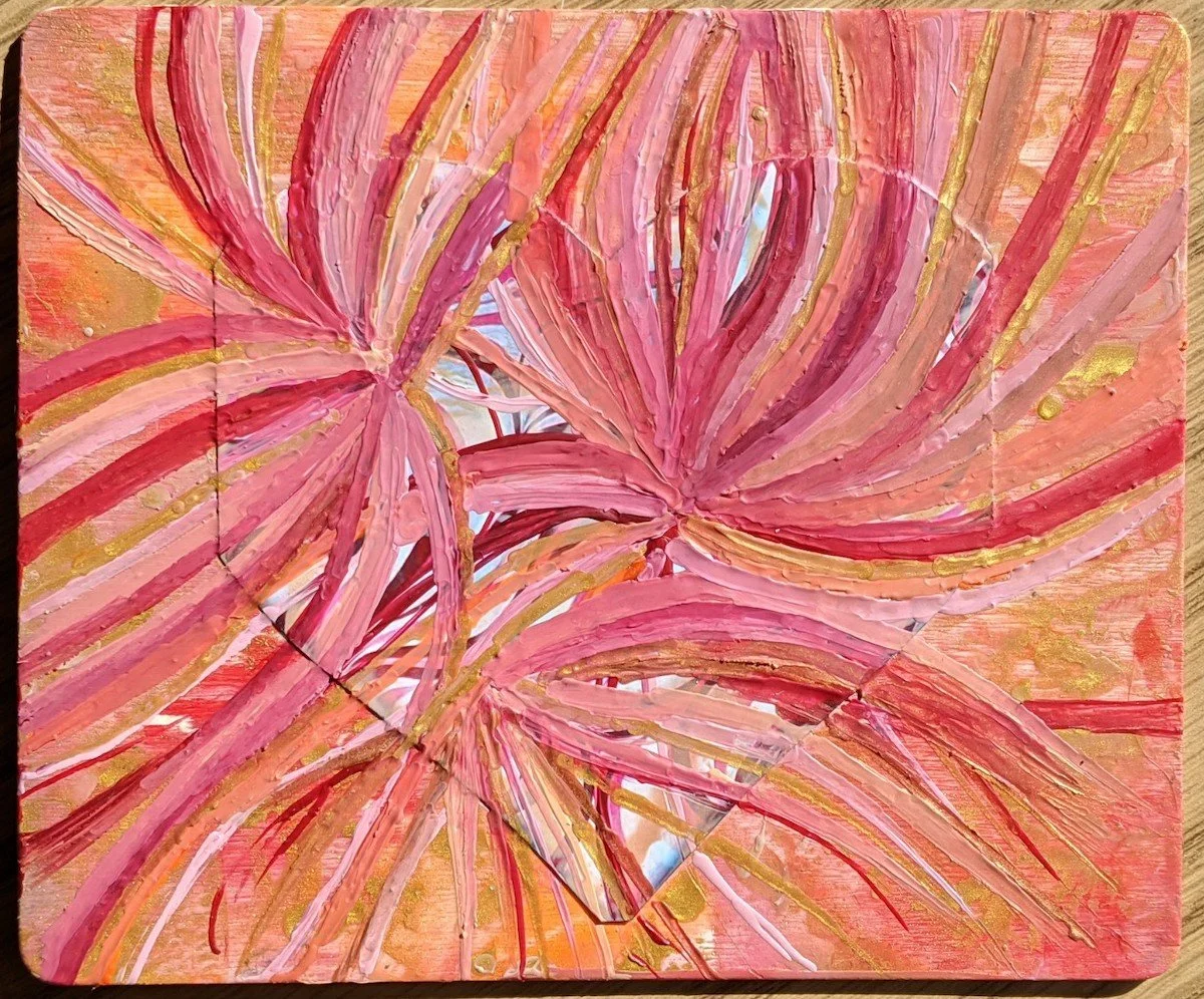 Abstract painting of pink and red palm leaves with gold accents on a geometric background.