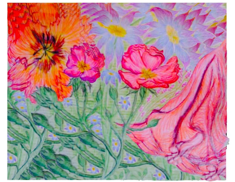 Colorful pencil of various flowers including poppies and daisies, with lush green leaves and background of light purple and yellow flowers.
