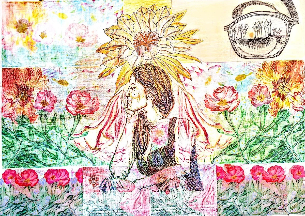 A colorful mixed media artwork featuring a woman with long hair, resting her chin on her hand, surrounded by various flowers, including a large sunflower behind her head. There is a sketched reflection of trees and sky in the upper right corner and a