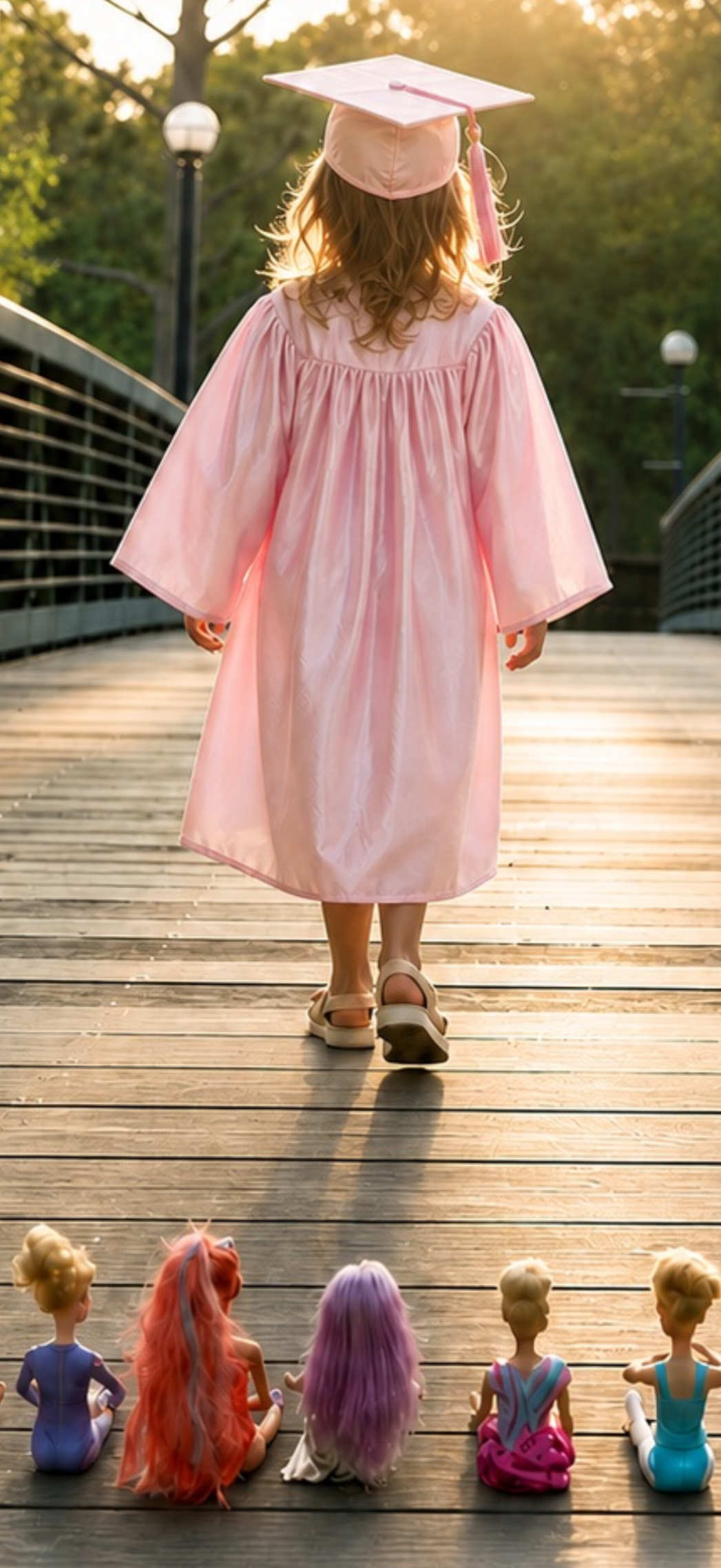 A woman in a pink graduation gown and cap walking away on a wooden bridge during sunset, with five dolls seated on the bridge watching her.