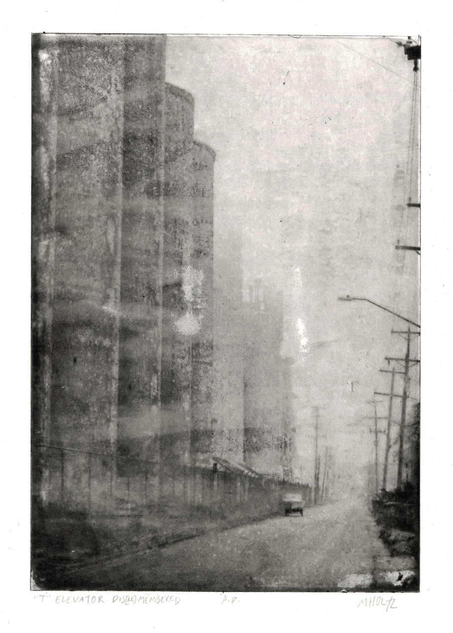 "Elevator "T" Dis[re]membered," photopolymer gravure, 5.75"x8.25", 2025.
