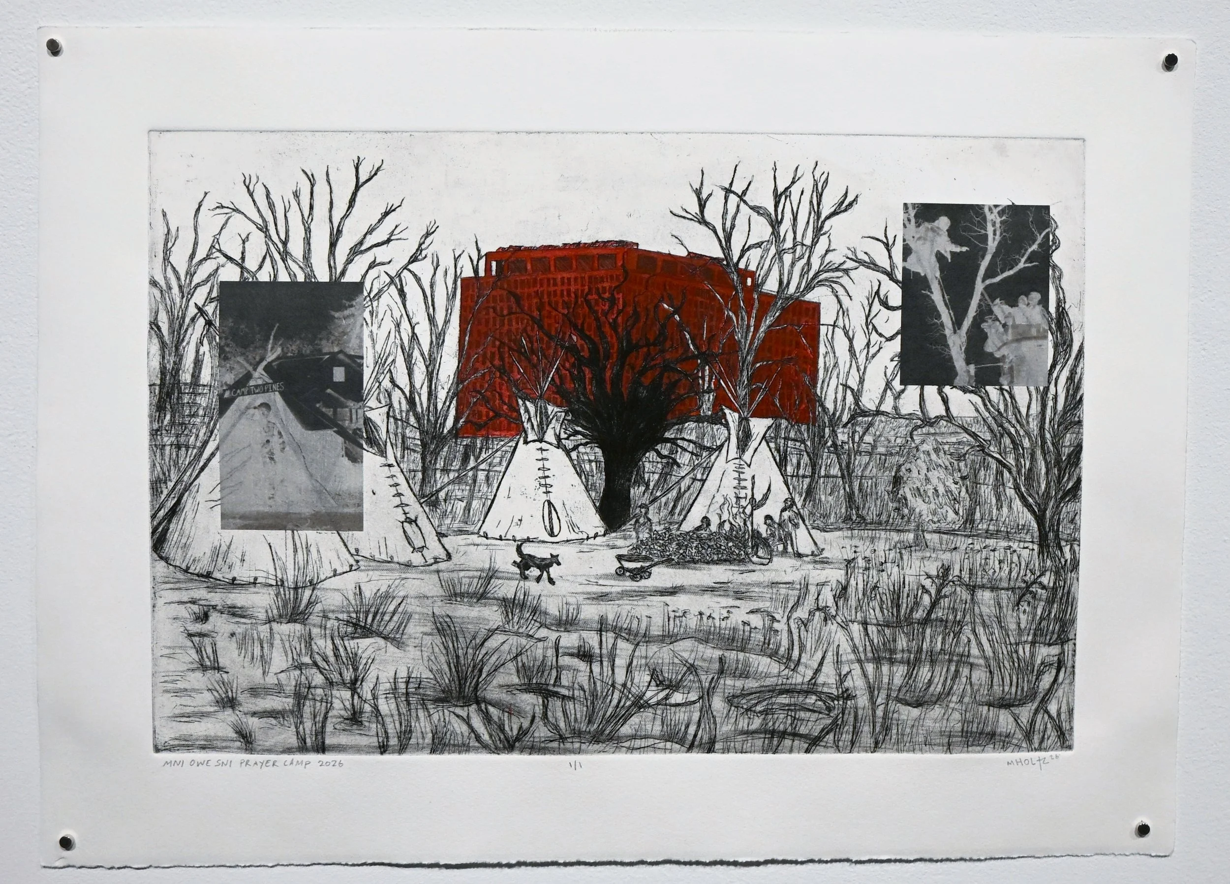 "Mni Owe Sni Prayer Camp," intaglio etching and chine colle, 16"x22", 2026.