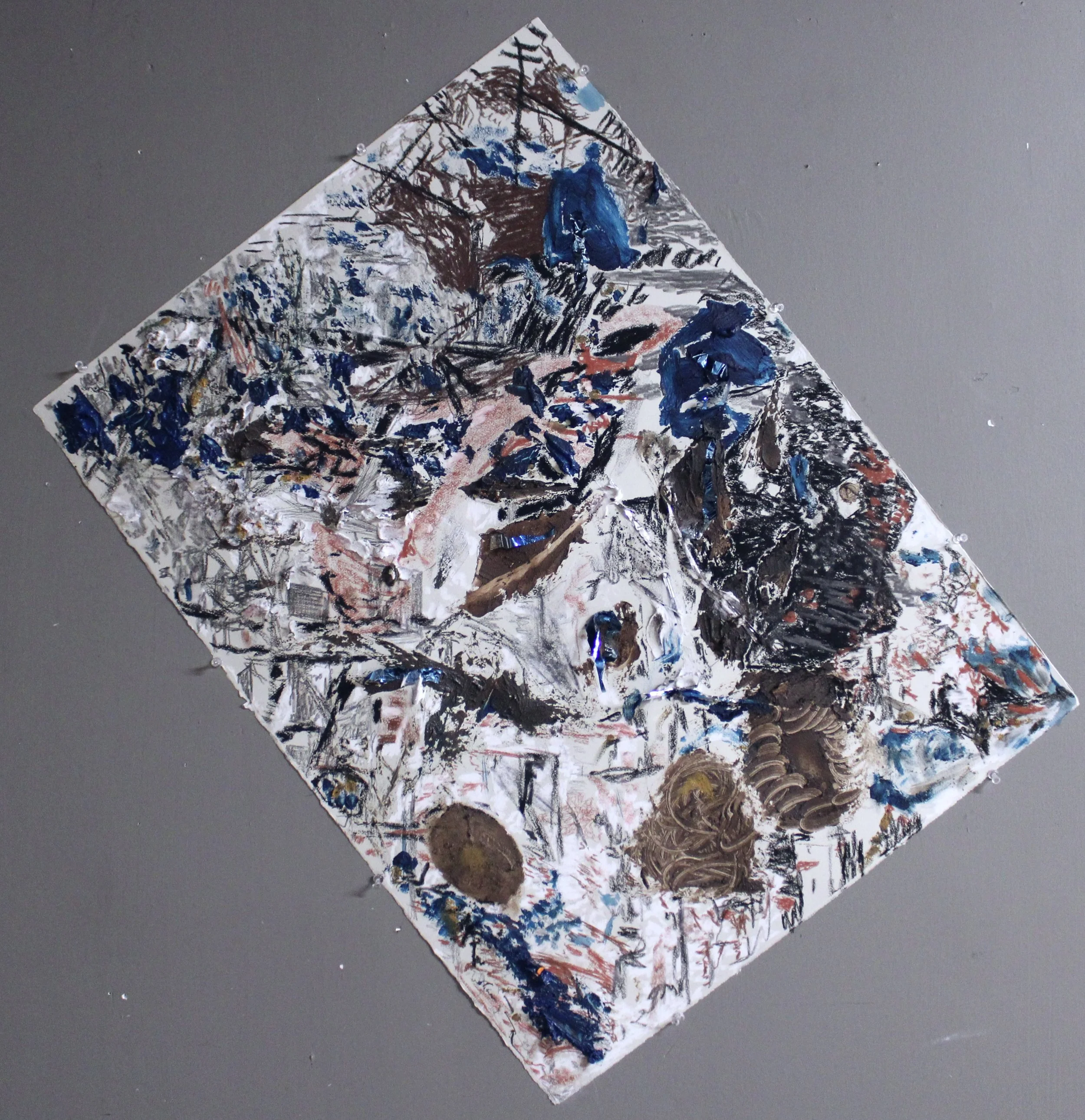 "Hiawatha Corridor Tracings," mixed media on BFK Rives using image projection, charcoal, crayon, graphite, acrylic and found trash, 22"x30", 2025.