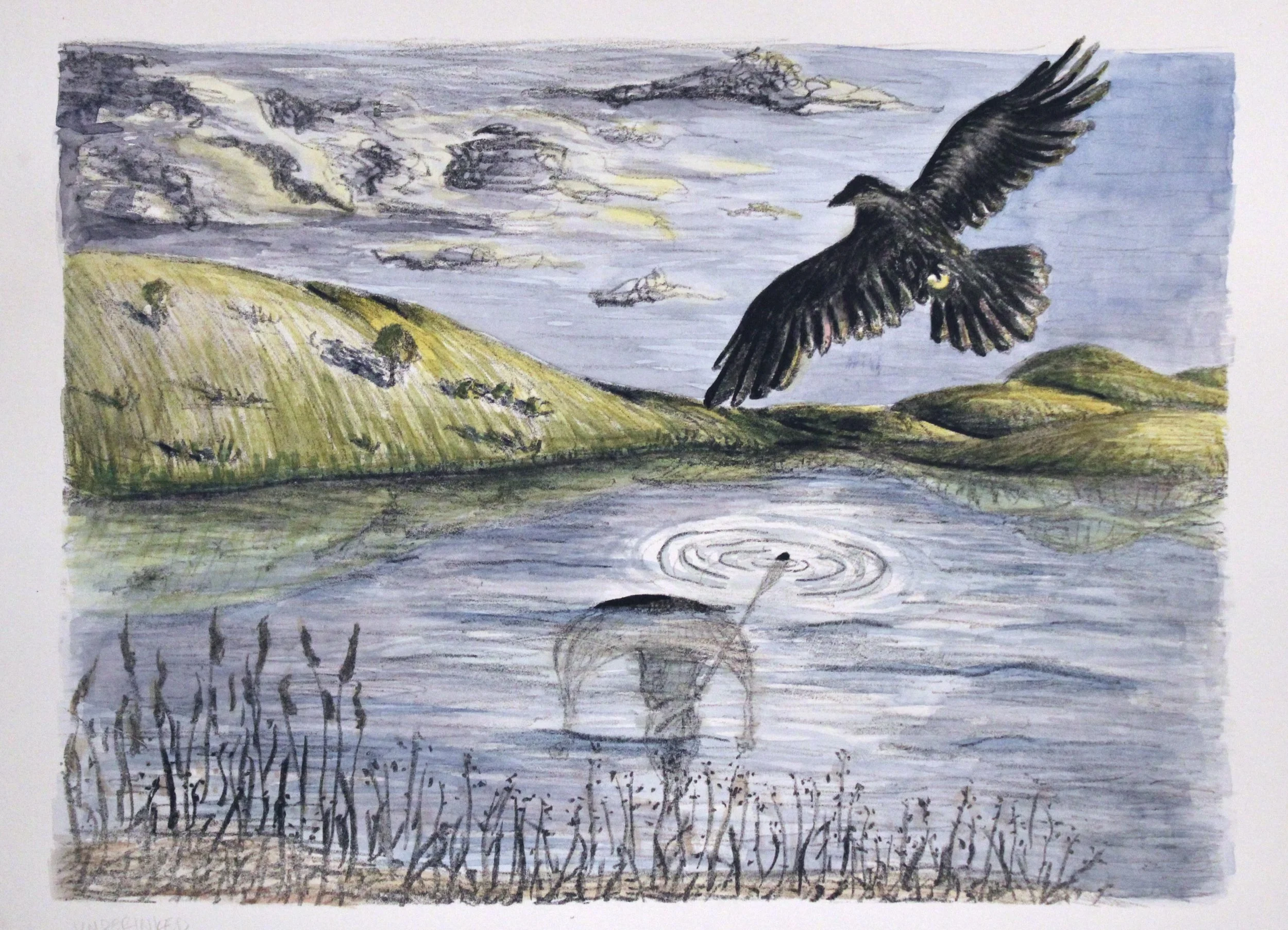 "Where Death Spreads Jealous Wings," stone lithograph and watercolor, 9"x12", 2024.
