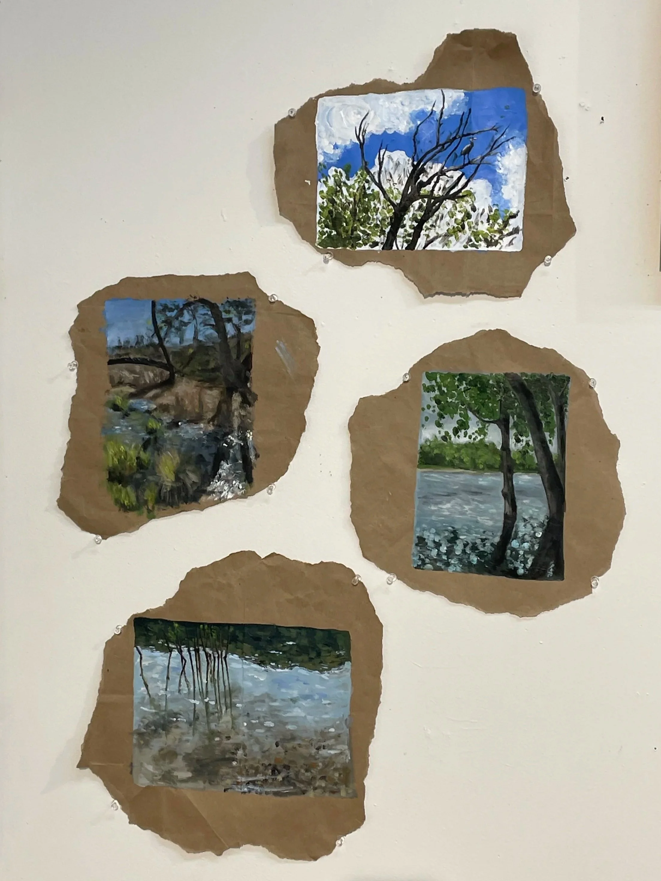 "Paper Bag water study," acrylic on paper bag, 2023. 