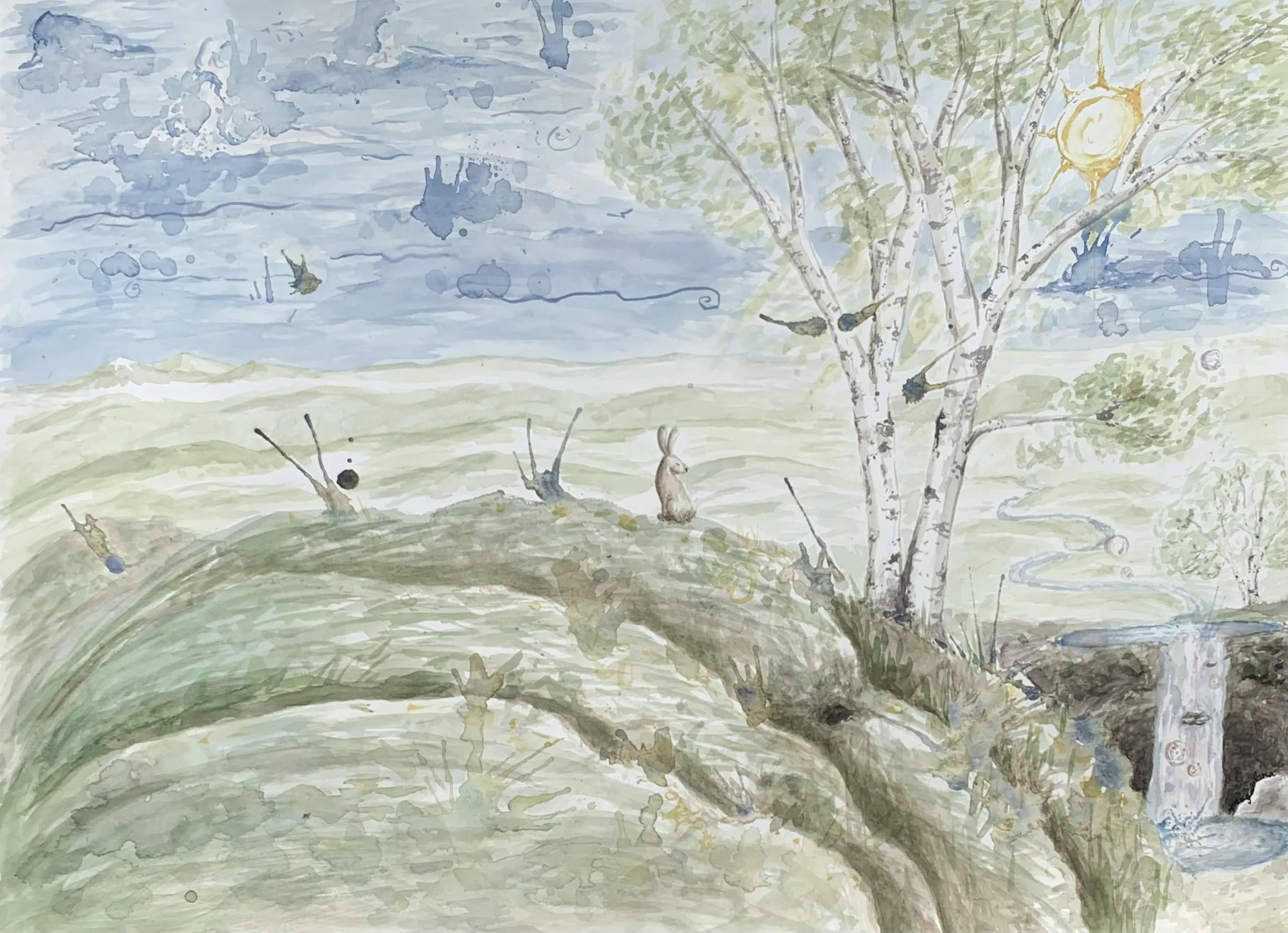 "Hare Looking Out," watercolor, 18"x24", 2023.