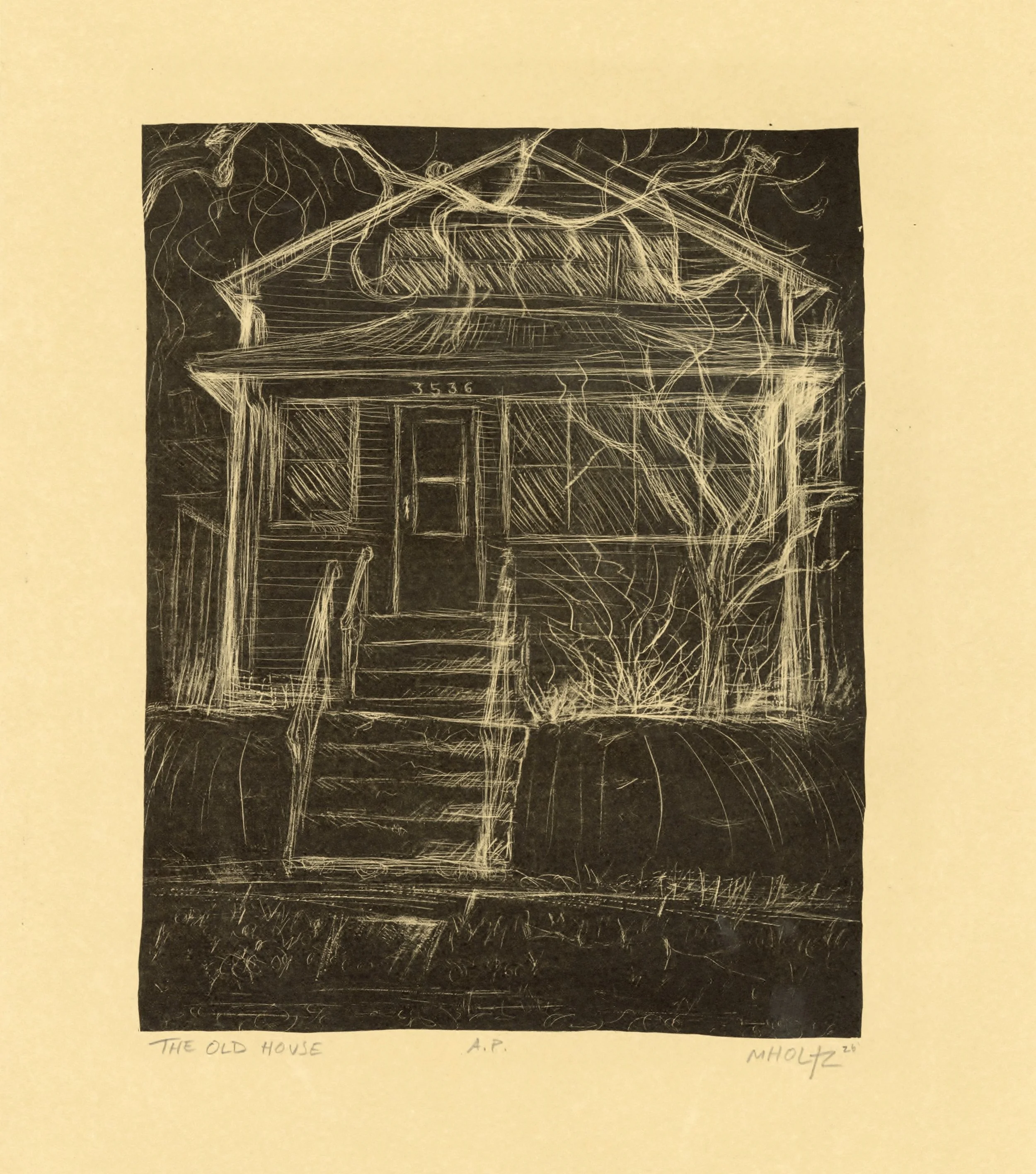 "The Old House," stone lithograph, 7"x9.5", 2026.