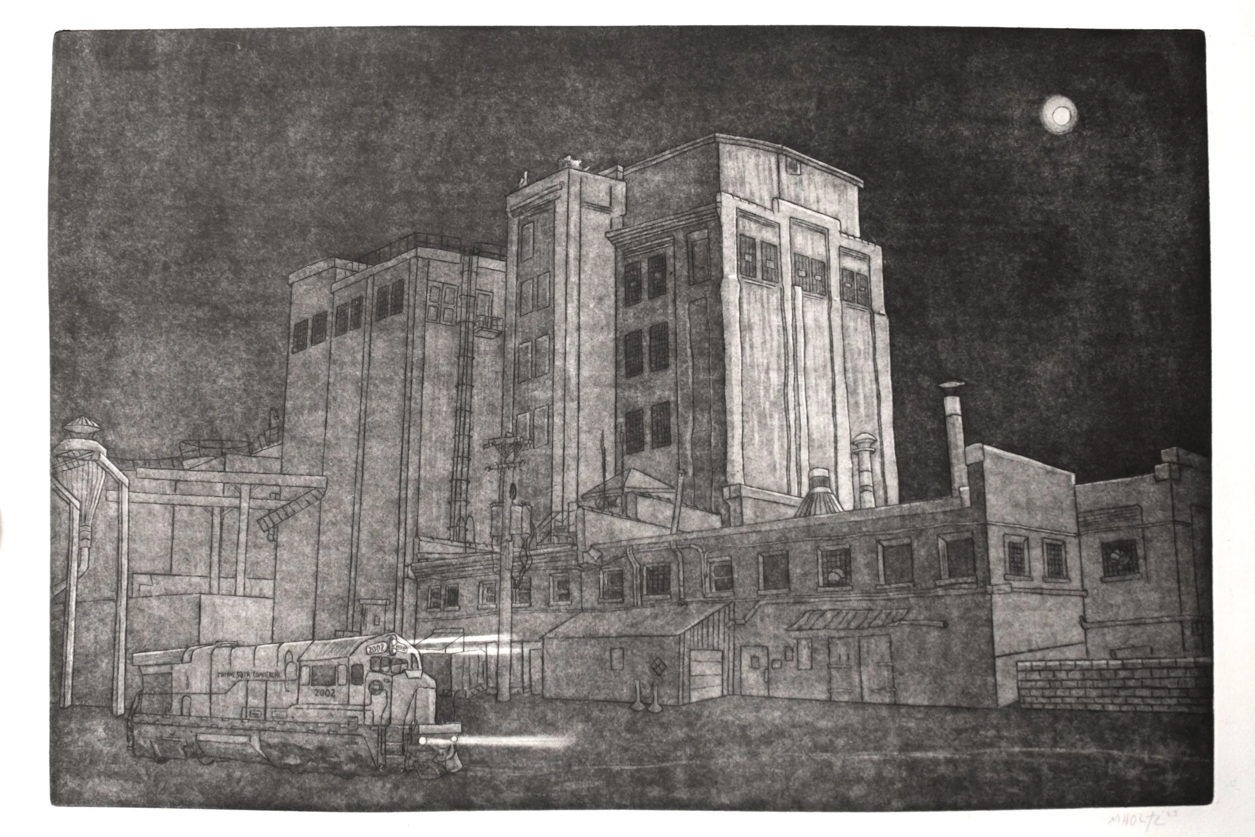 "Fury Along the Hiawatha Corridor: ADM Nokomis Flour Mill," 12"x17", 2025.