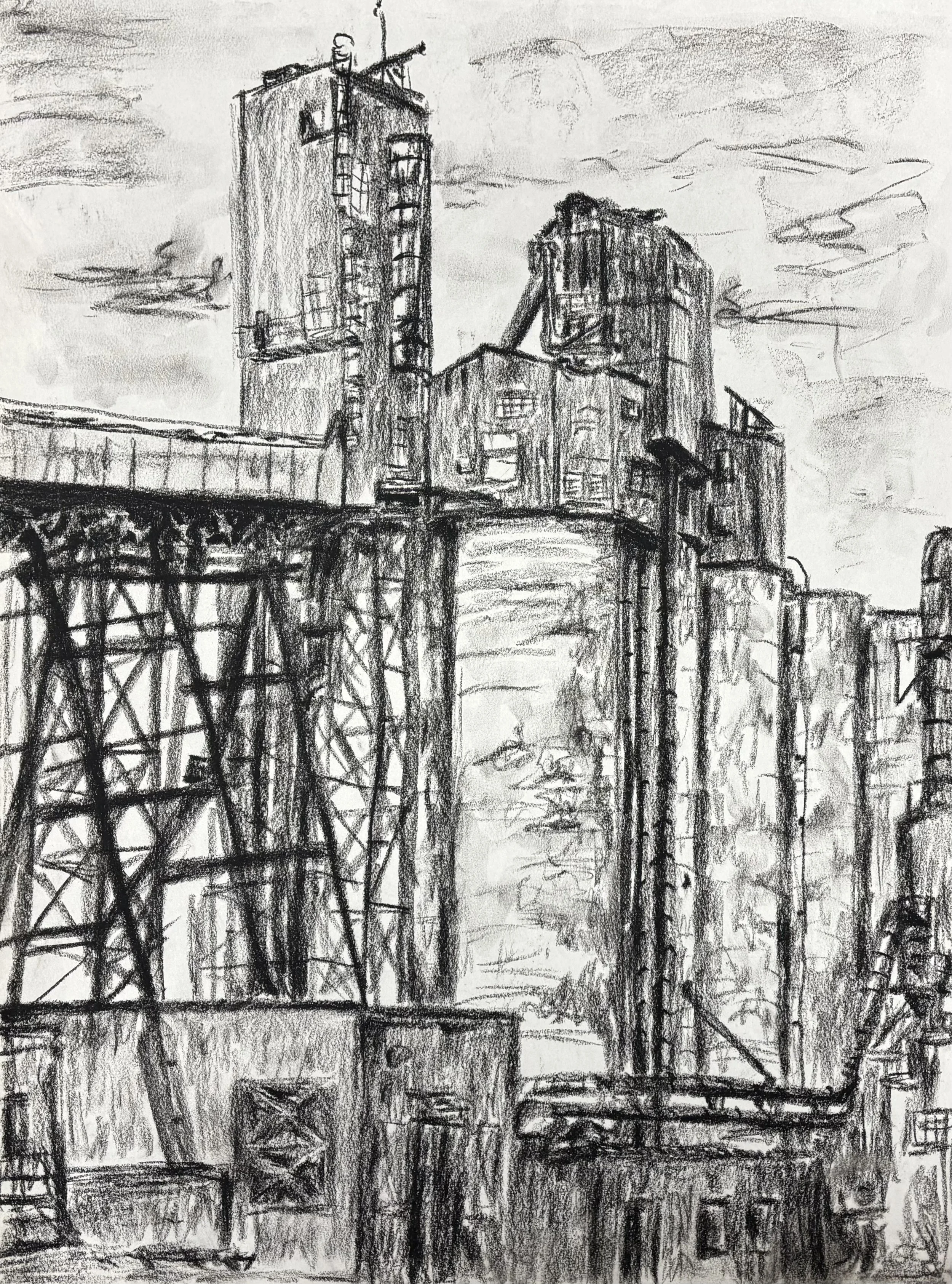 "Elevator "T" Study," graphite on newsprint, 18"x24", 2025.