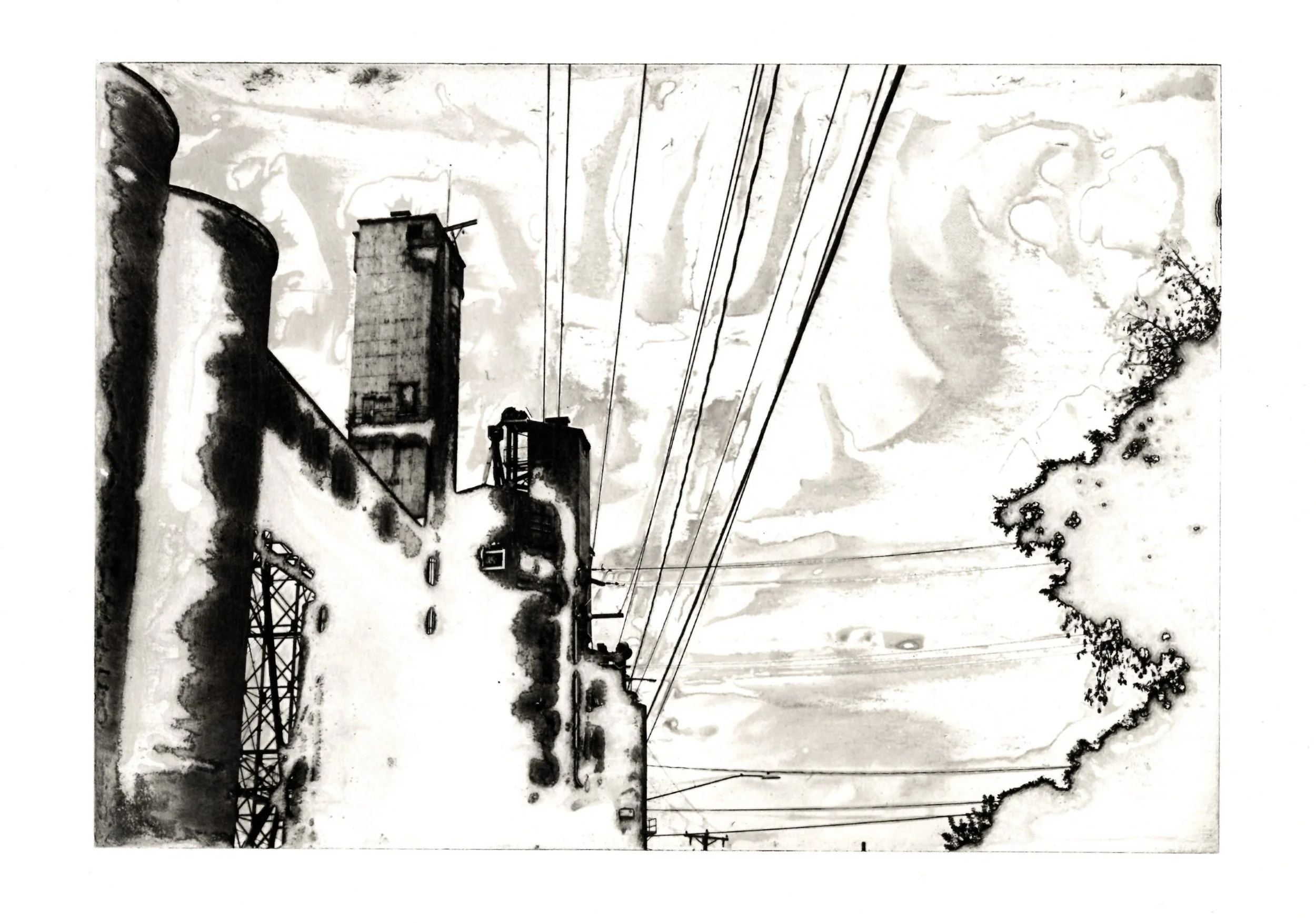 "Elevator "T" Dis[re]membered," photopolymer gravure, 5.75"x8.25", 2025.