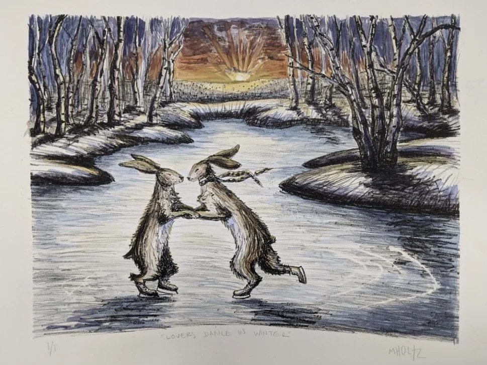 "Lovers Dance In Winter," stone lithograph and watercolor, 9"x12", 2024.
