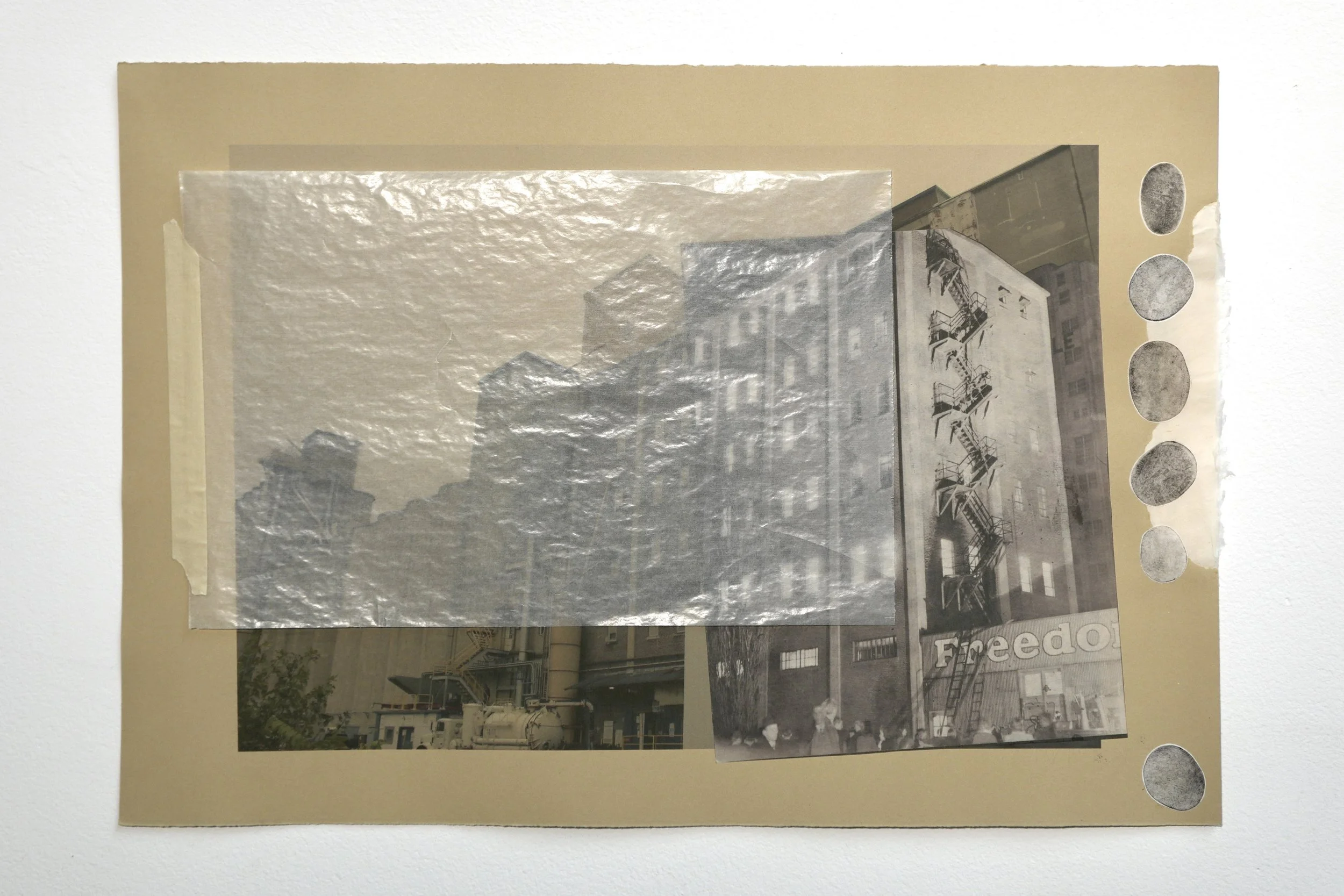 "Remembers and Remains: ADM Atkinson Flour Mill," digital print collage with Hennepin County Library archival photograph chine collé and flattened coins printed on eastern paper, 15"x22", 2025.
