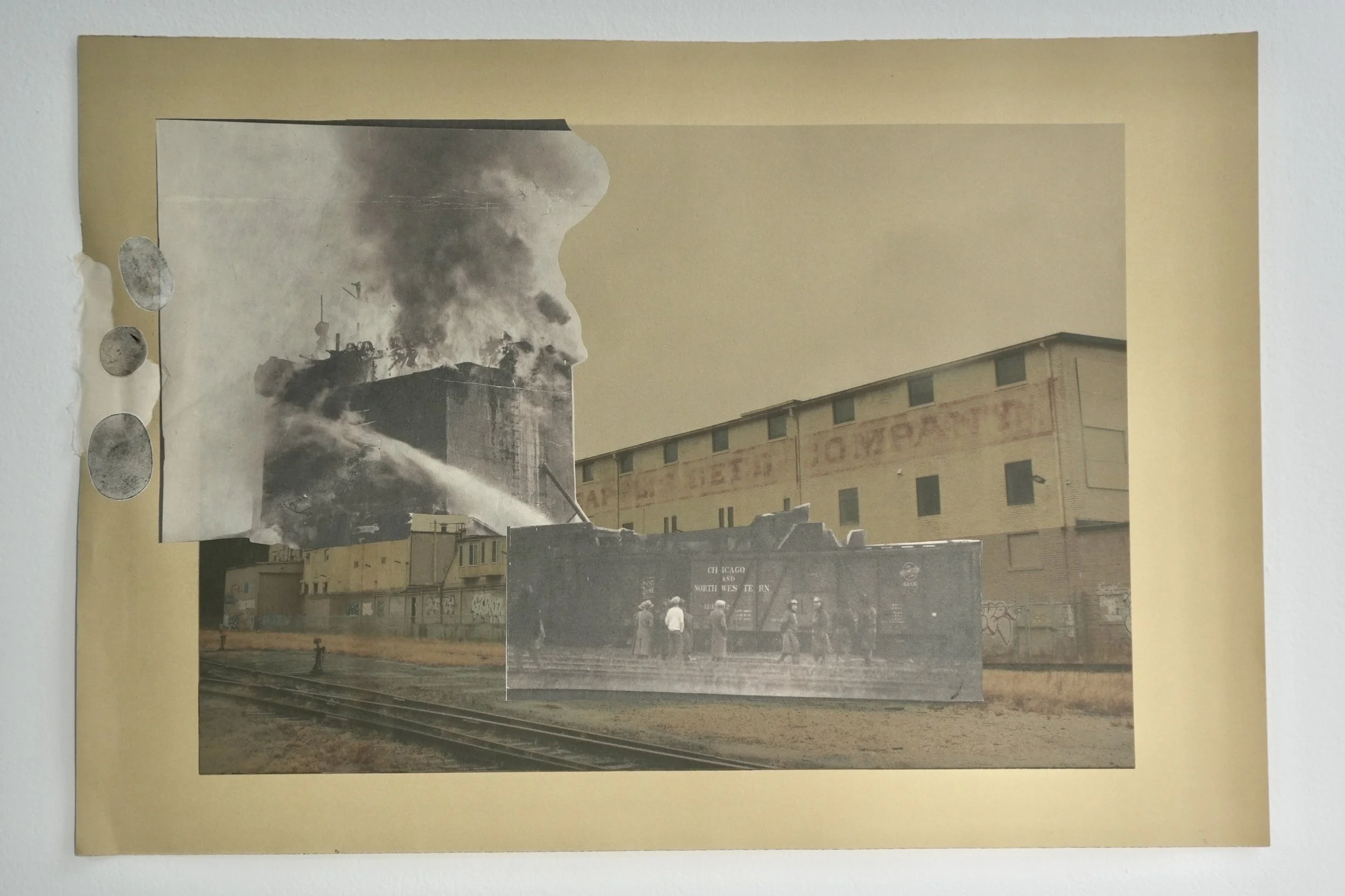 "Remembers and Remains: Minneapolis Seed Company," digital print collage with Hennepin County Library archival photograph chine collé and flattened coins printed on eastern paper, 15"x22", 2025.
