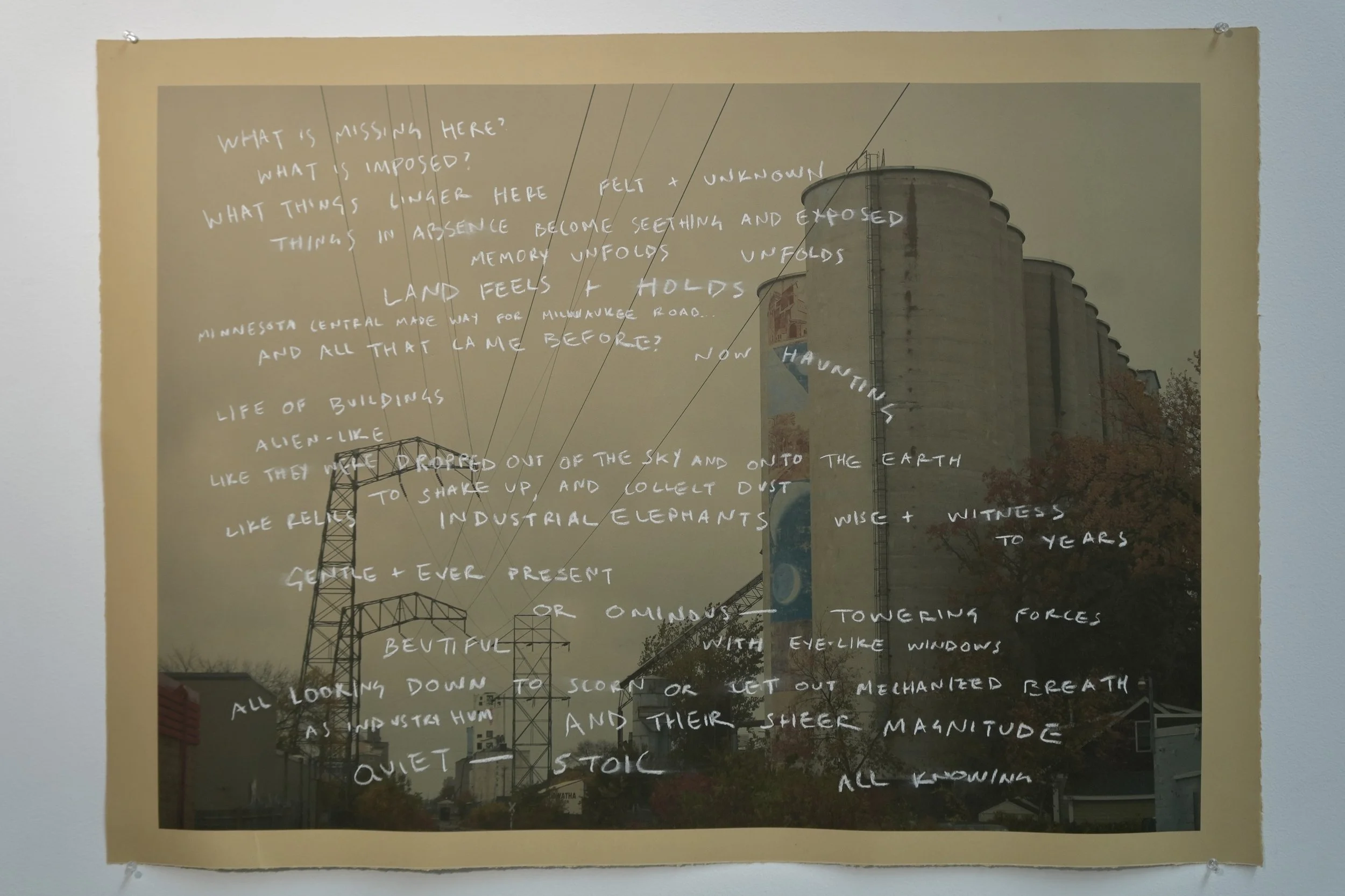 "Remembers and Remains: Corridor Looking North," digital print and chalk, 22"42", 2025.