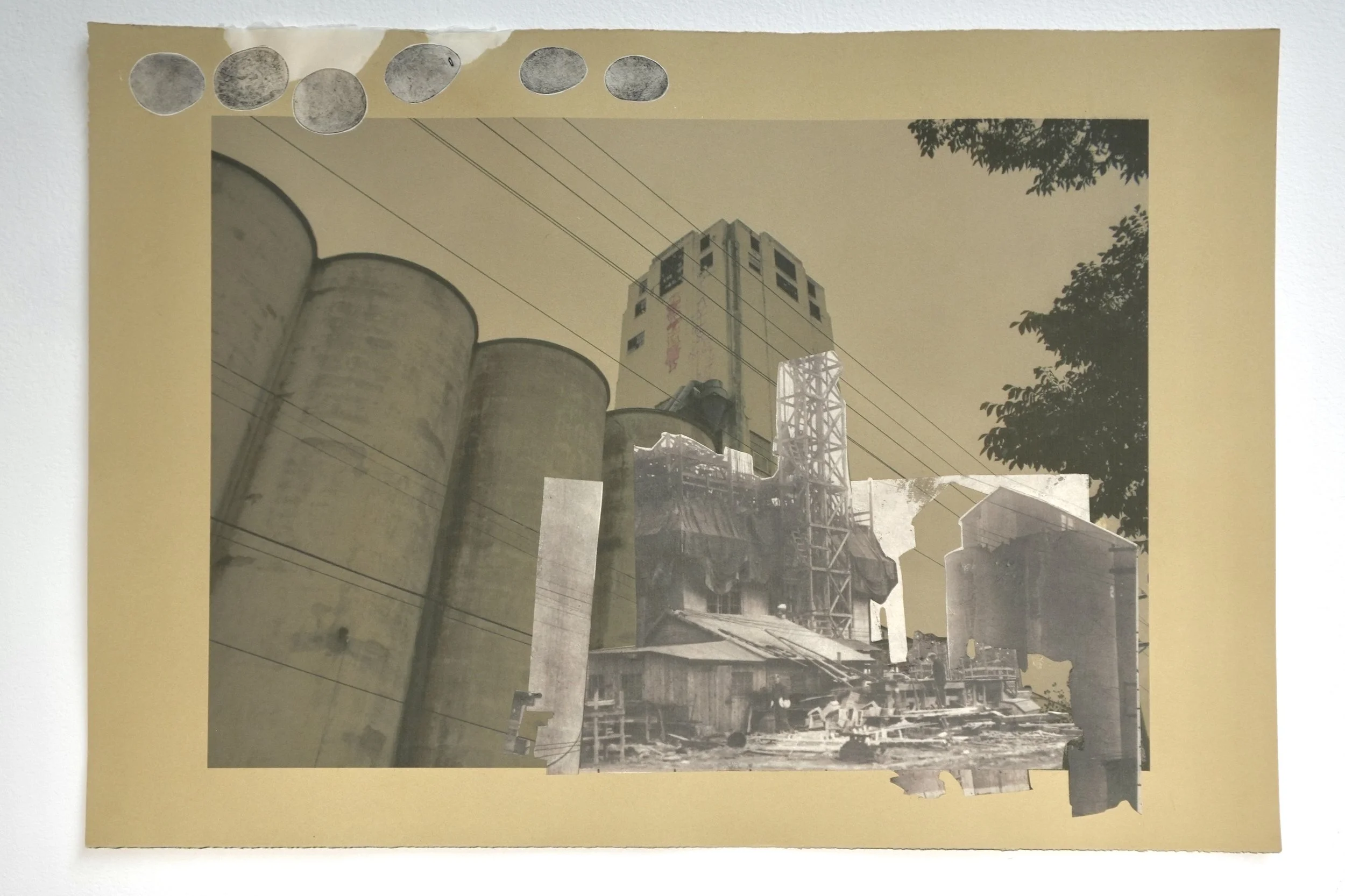 "Remembers and Remains: Checkerboard Elevator," digital print collage with Hennepin County Library archival photograph chine collé and flattened coins printed on eastern paper, 15"x22", 2025.
