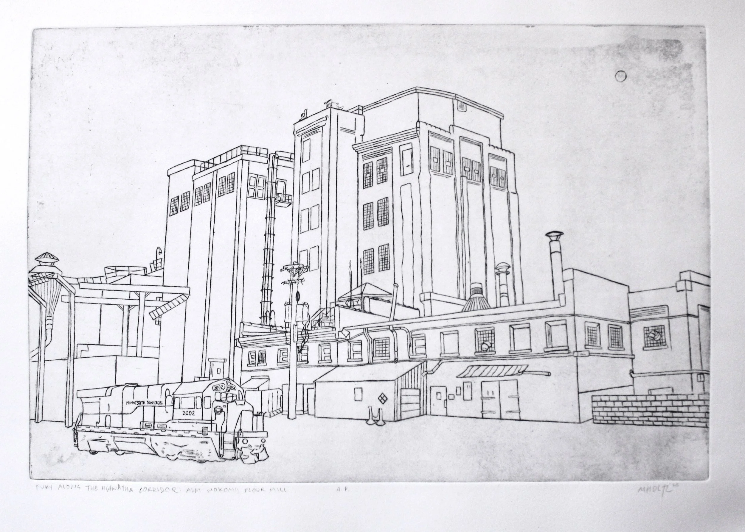 Fury Along the Hiawatha Corridor: ADM Nokomis Flour Mill Line Etch, 12"x17", 2025.