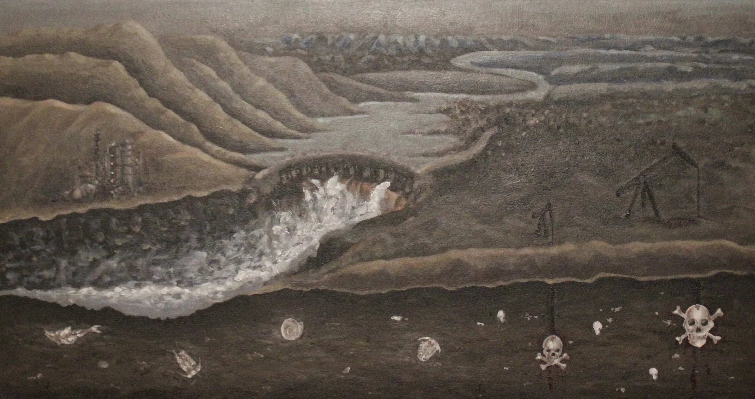 "Fossils and Other Words for the Way Things Die," acrylic on canvas over panel, 18"x26", 2024.