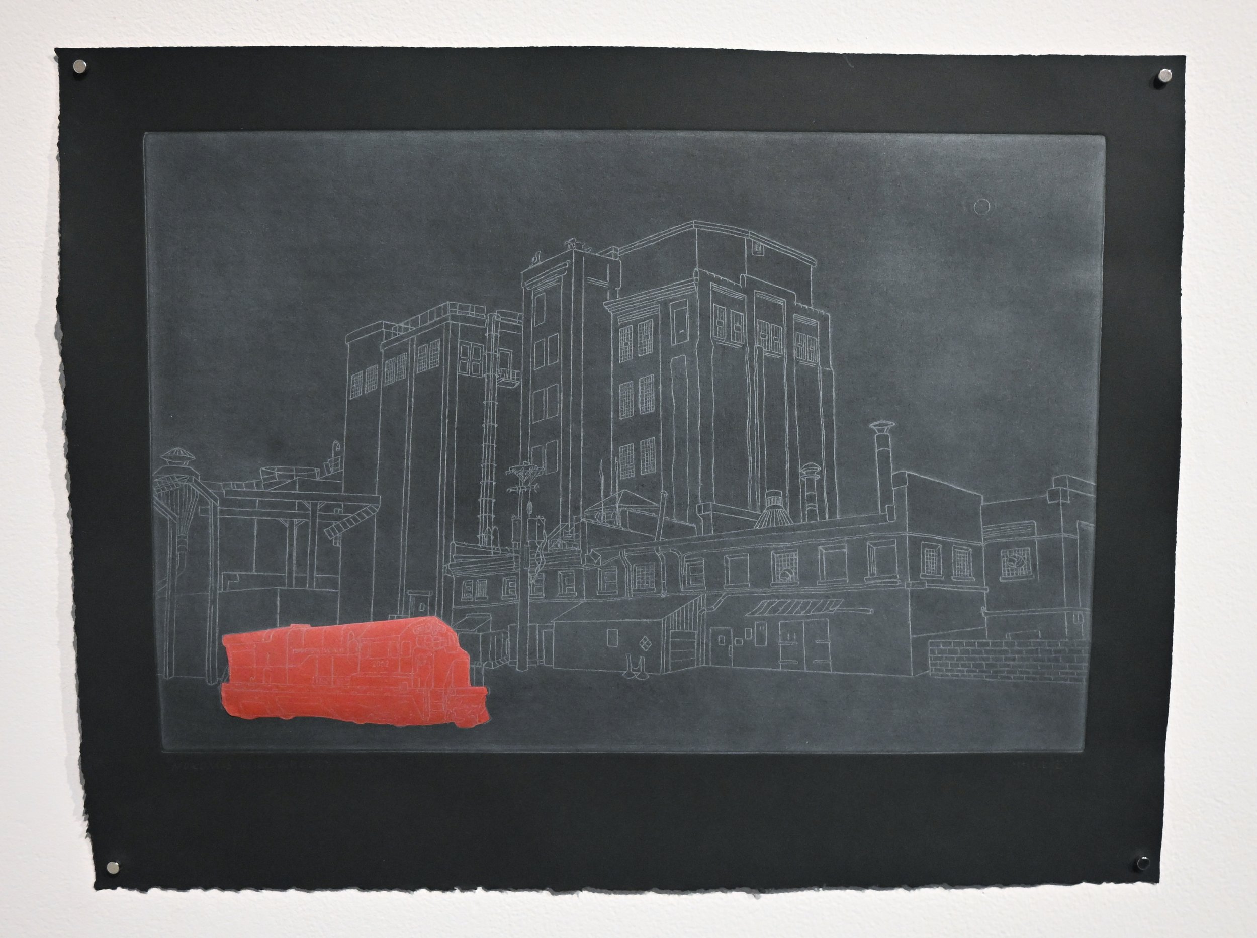 "Nokomis Flour Mill Ghosty Bones," intaglio etching and chine colle, 16"x21", 2026.