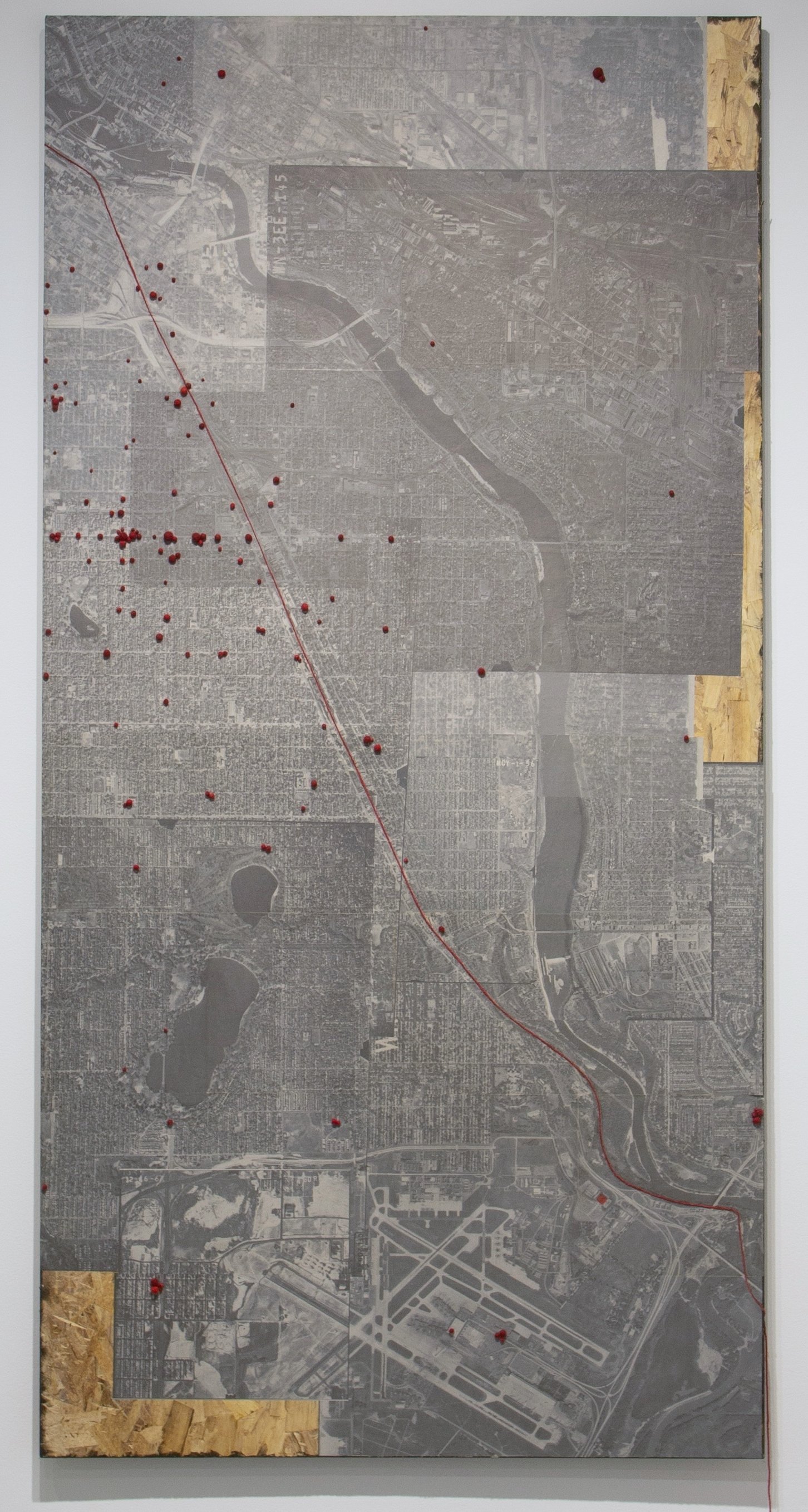 "Map of Lost Ones," inkjet and wool materials on plywood, 4'x8', 2026.