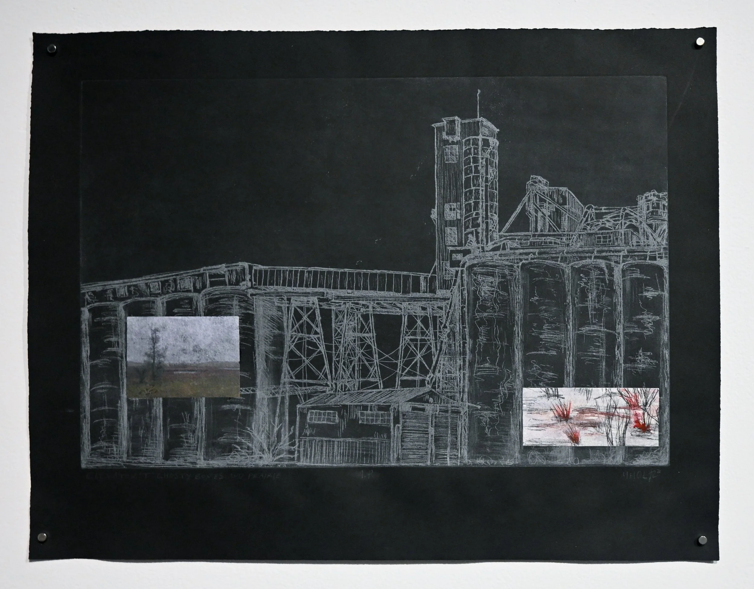 "Elevator T Ghosty Bones," intaglio etching and chine colle, 16"x21", 2026.