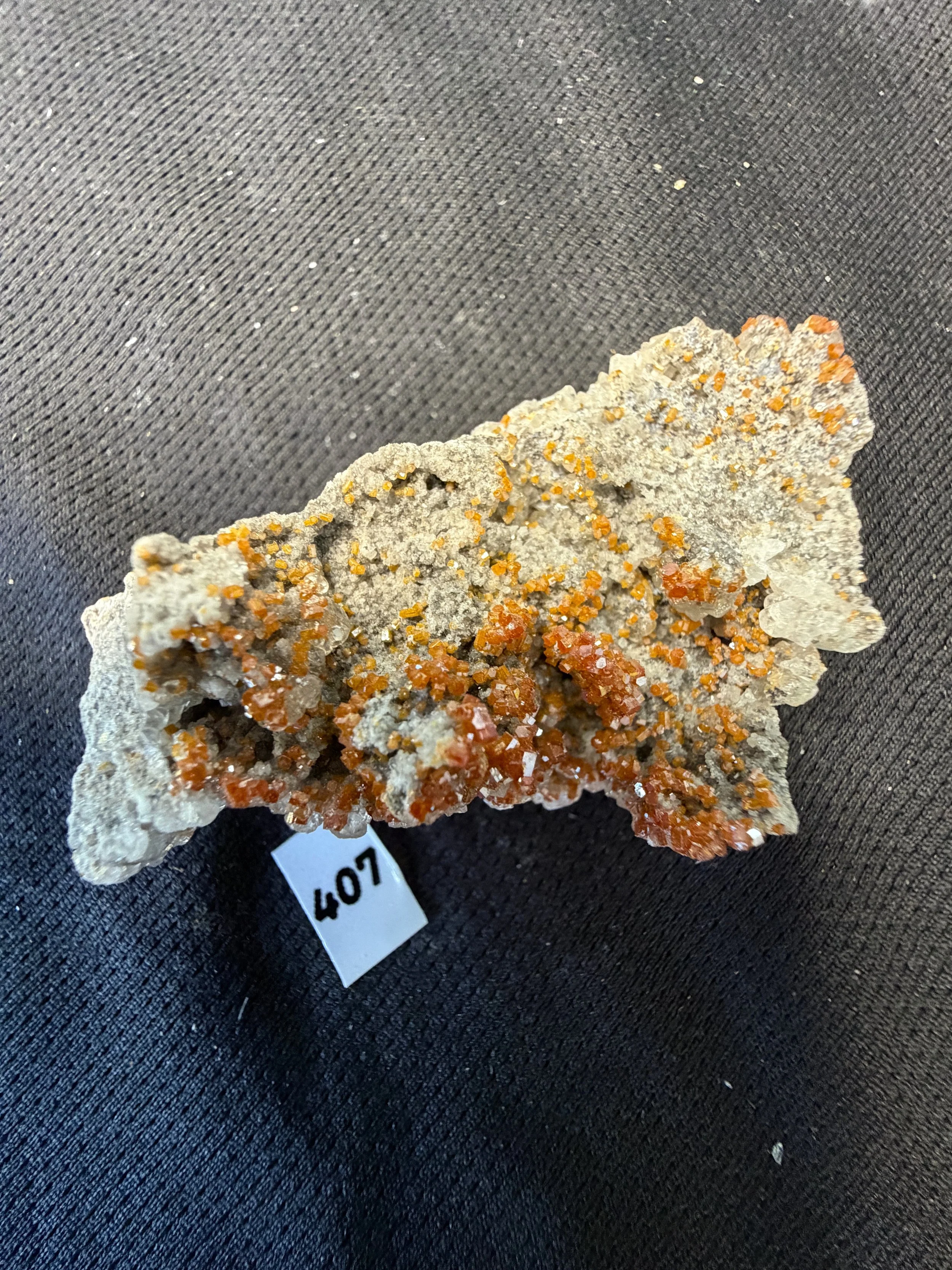 A vivid miniature specimen featuring bright, brick-red Vanadinite crystals sprinkled across a contrasting pale gray matrix.