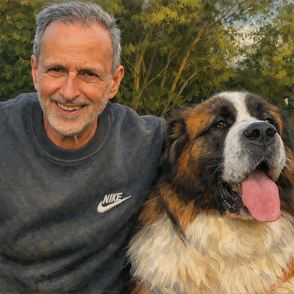 An elderly man with gray hair and a beard smiling, wearing a dark Nike sweatshirt, standing outdoors beside a large dog with a thick coat, floppy ears, and tongue out, in front of green foliage.